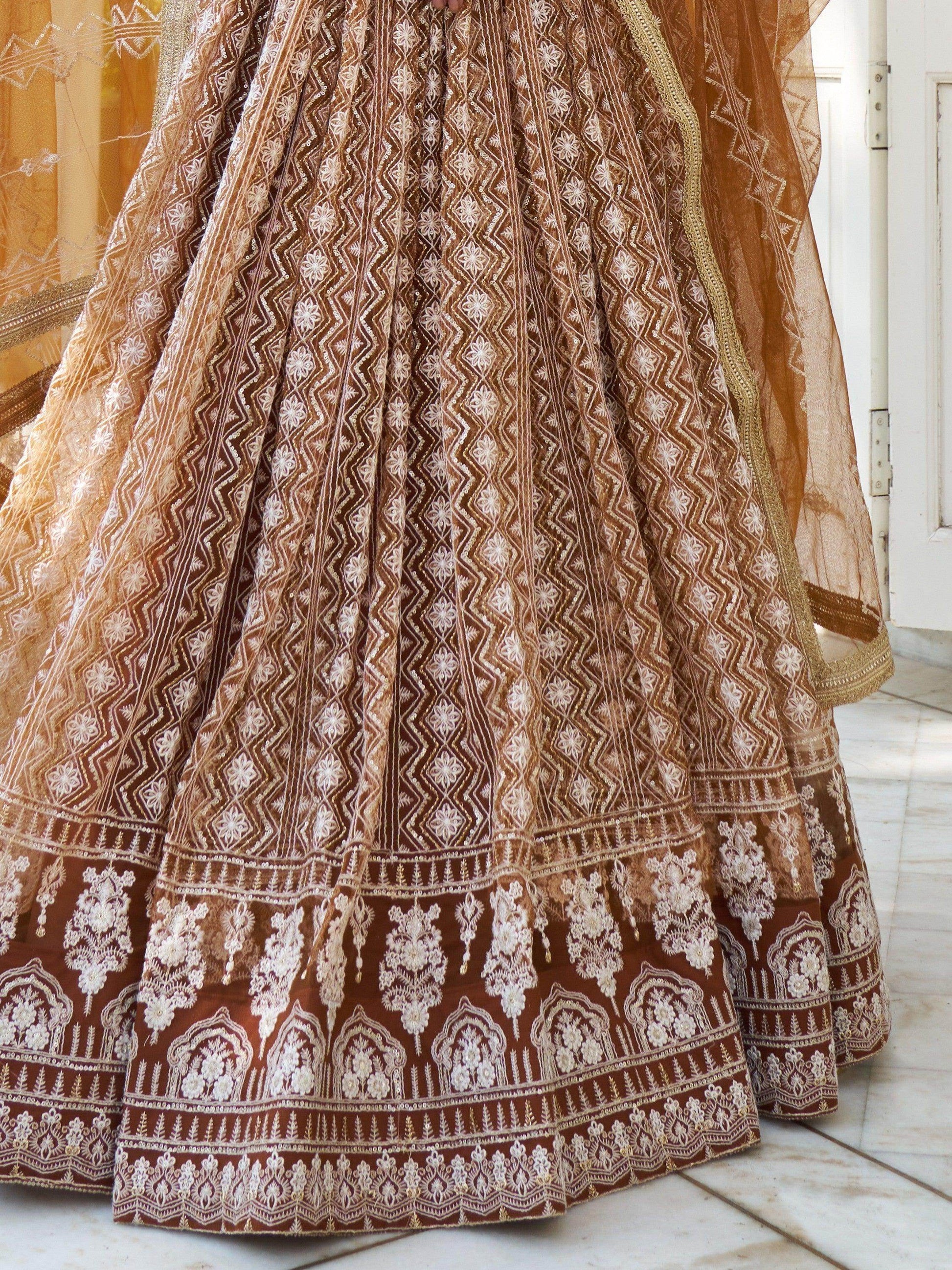 Mesmerizing Brown Thread Work Net Sangeet Wear Lehenga Choli - Zeel Clothing