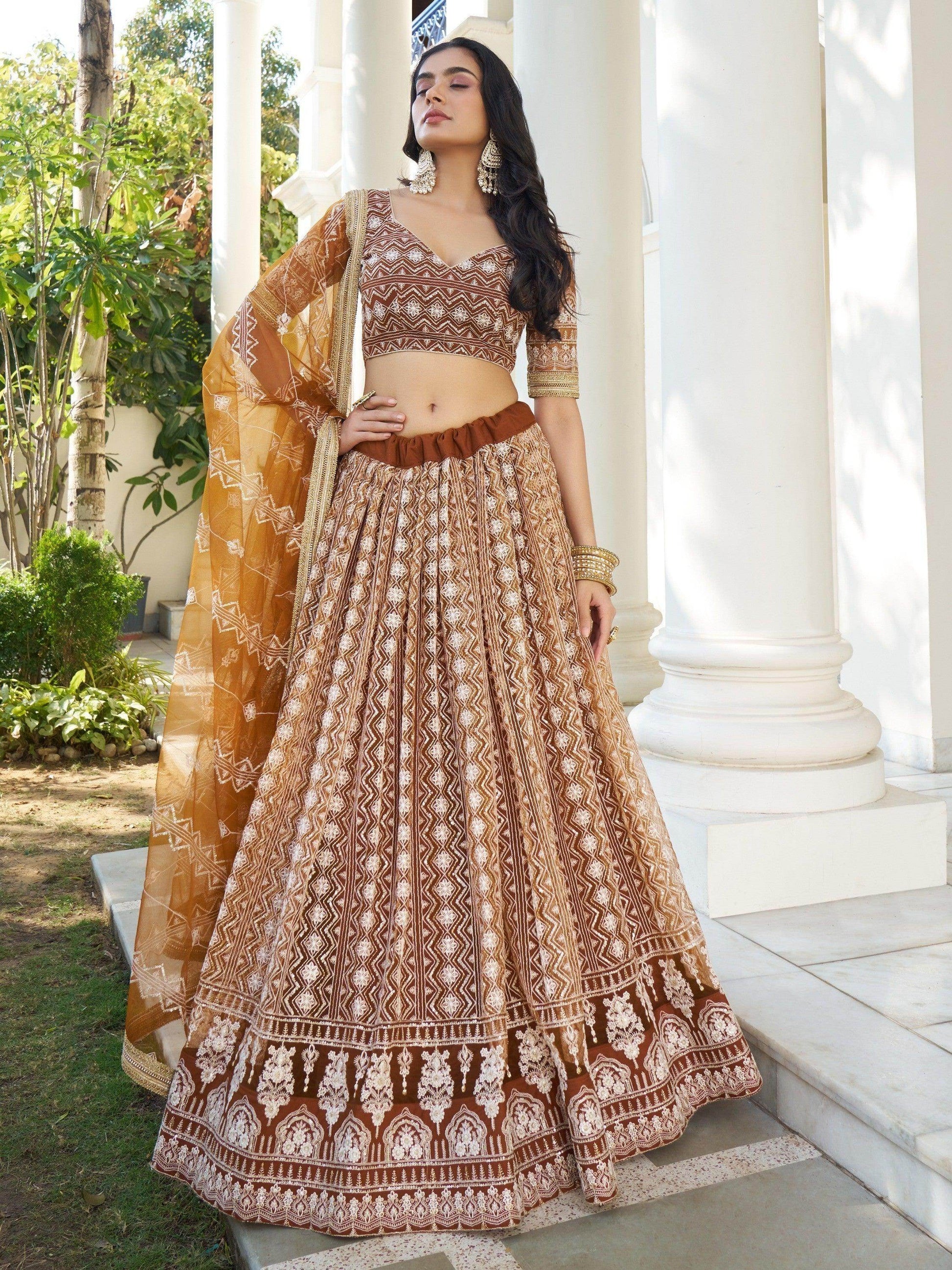 Mesmerizing Brown Thread Work Net Sangeet Wear Lehenga Choli - Zeel Clothing