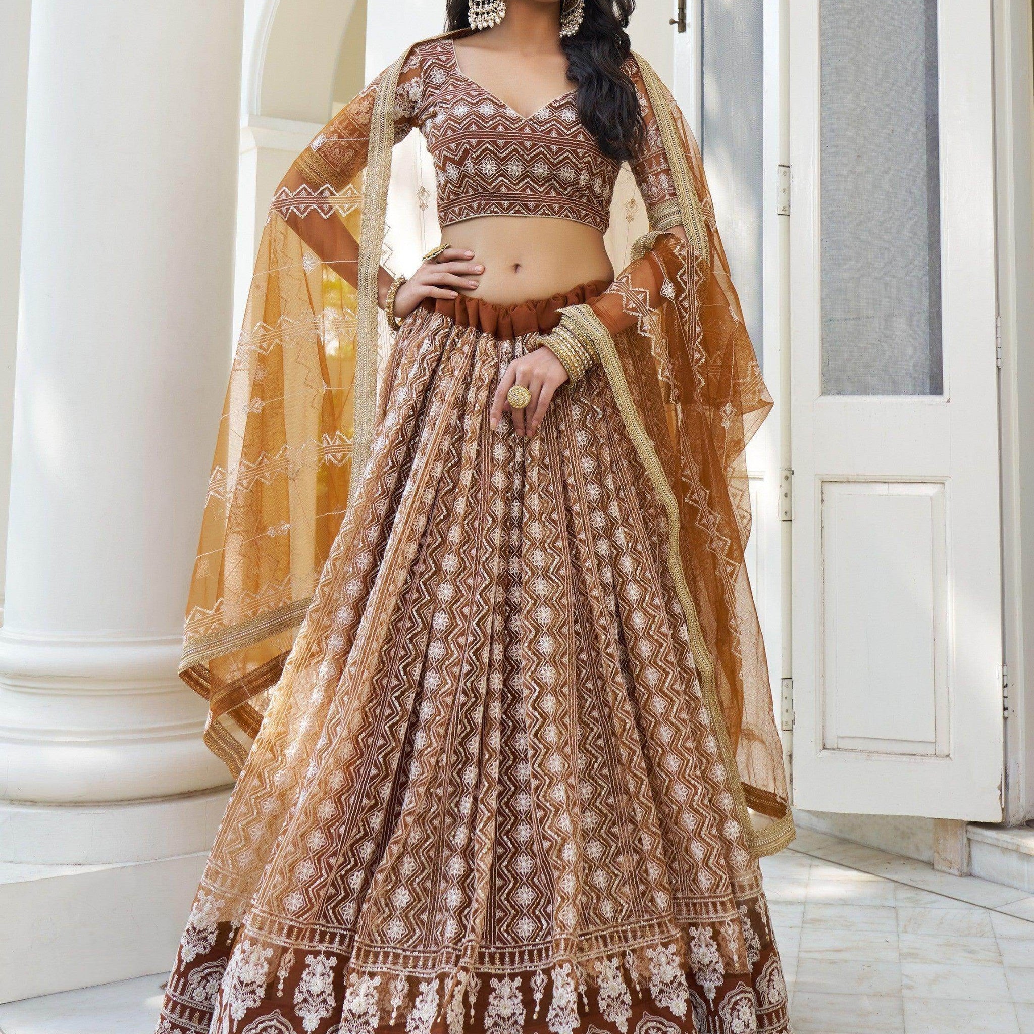 Mesmerizing Brown Thread Work Net Sangeet Wear Lehenga Choli - Zeel Clothing