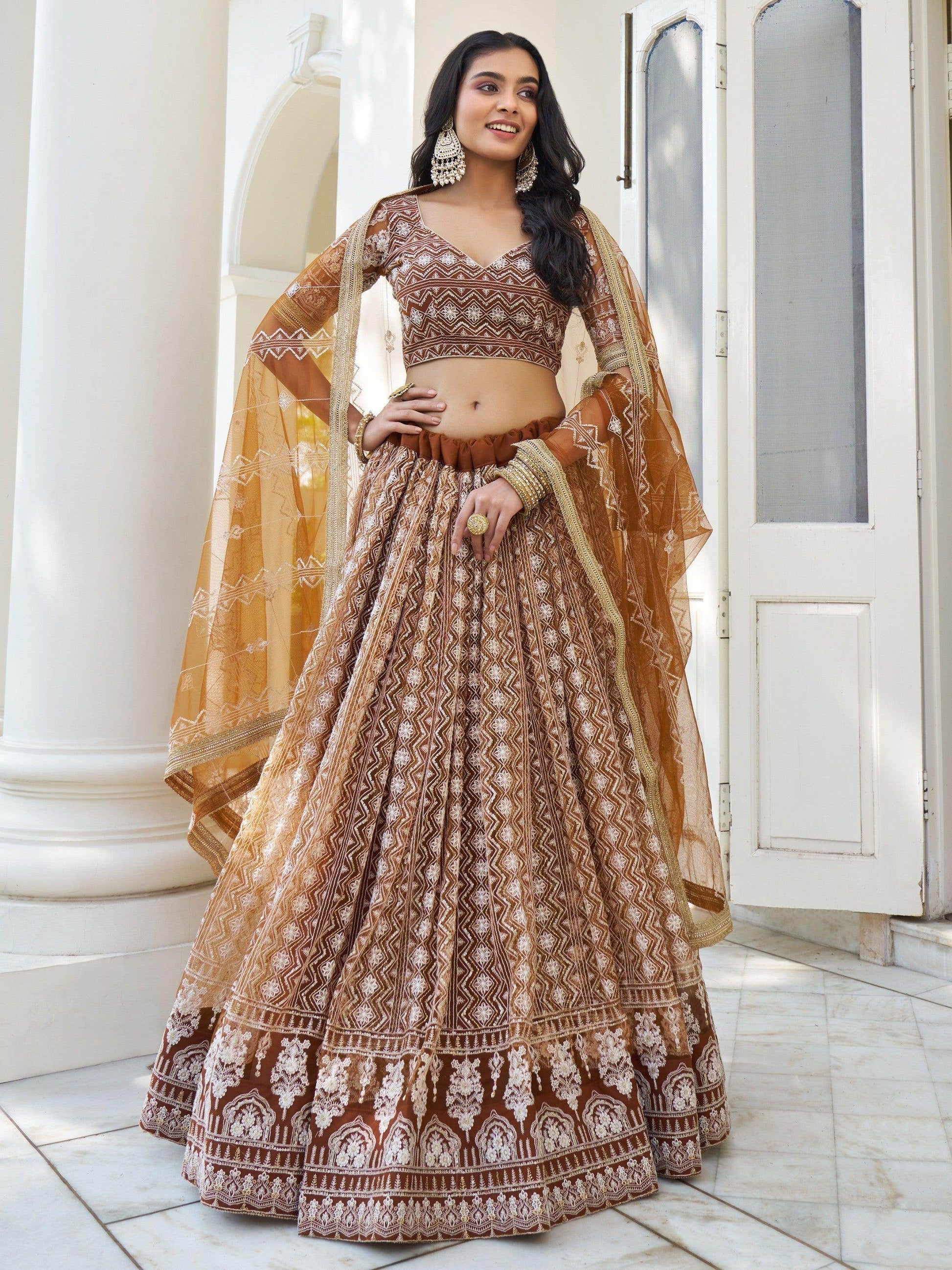 Mesmerizing Brown Thread Work Net Sangeet Wear Lehenga Choli - Zeel Clothing