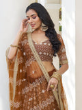 Mesmerizing Brown Thread Work Net Sangeet Wear Lehenga Choli - Zeel Clothing