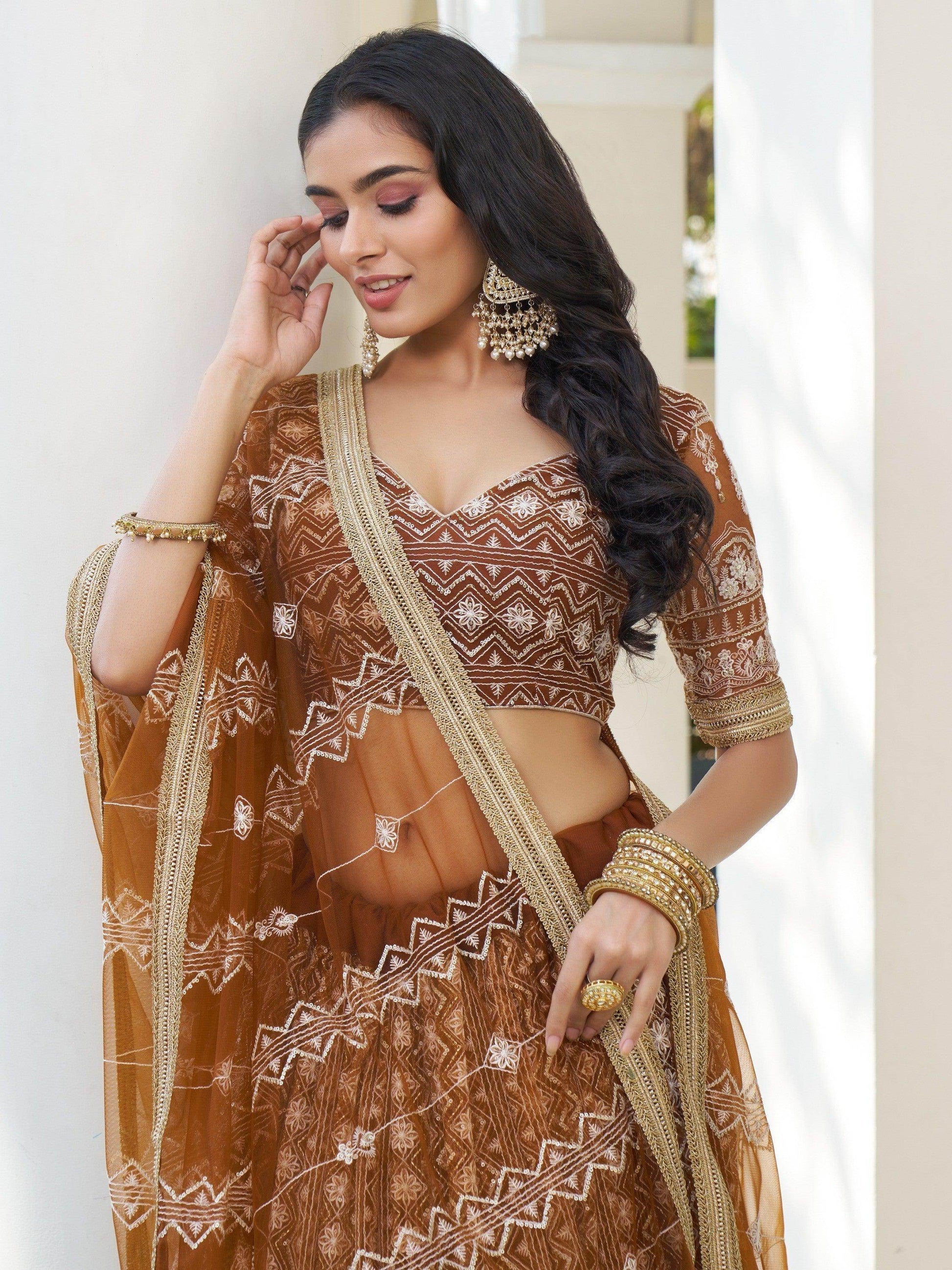 Mesmerizing Brown Thread Work Net Sangeet Wear Lehenga Choli - Zeel Clothing