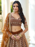 Mesmerizing Brown Thread Work Net Sangeet Wear Lehenga Choli - Zeel Clothing