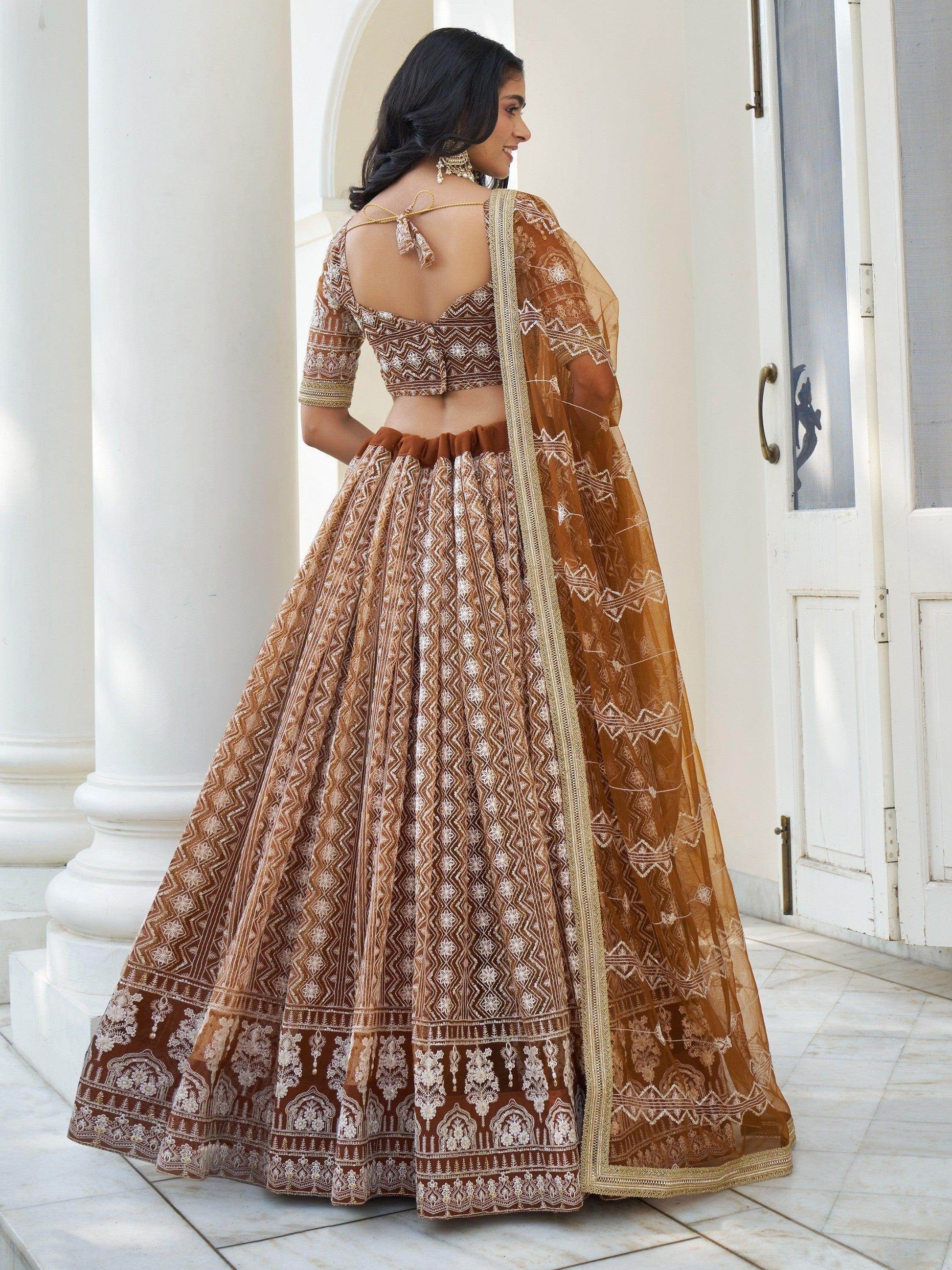 Mesmerizing Brown Thread Work Net Sangeet Wear Lehenga Choli - Zeel Clothing