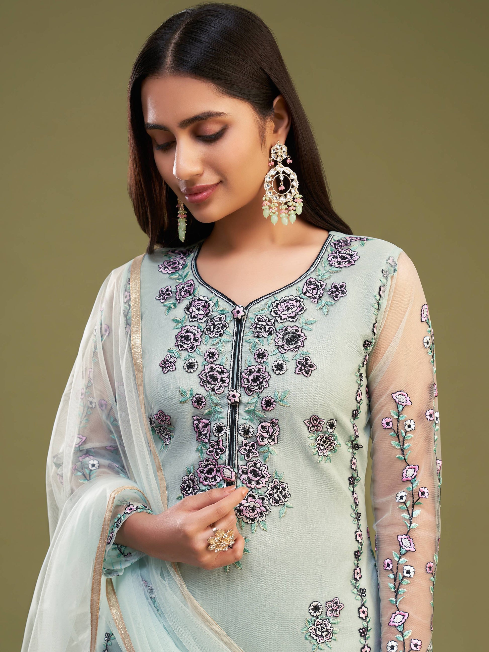 Mesmerizing Firozi Net Embroidered Salwar Suit With Dupatta - Zeel Clothing