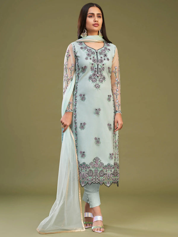 Mesmerizing Firozi Net Embroidered Salwar Suit With Dupatta - Zeel Clothing