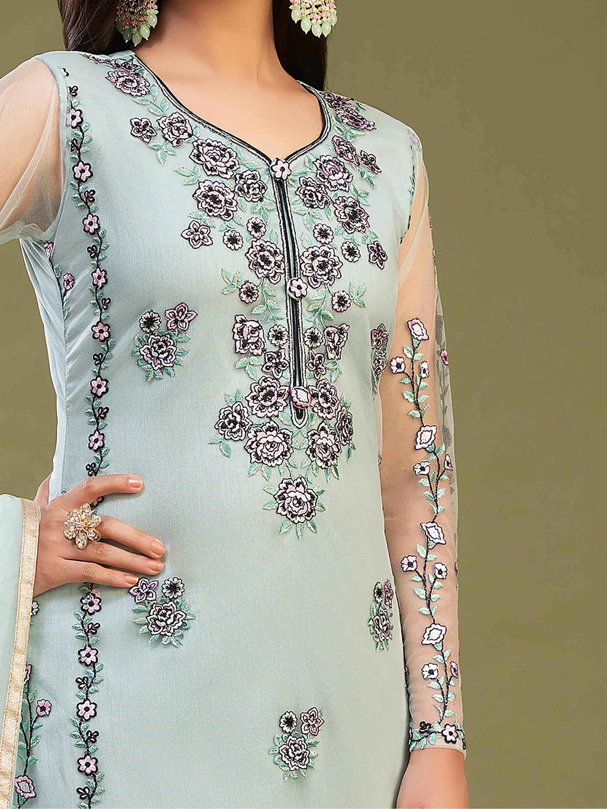 Mesmerizing Firozi Net Embroidered Salwar Suit With Dupatta - Zeel Clothing