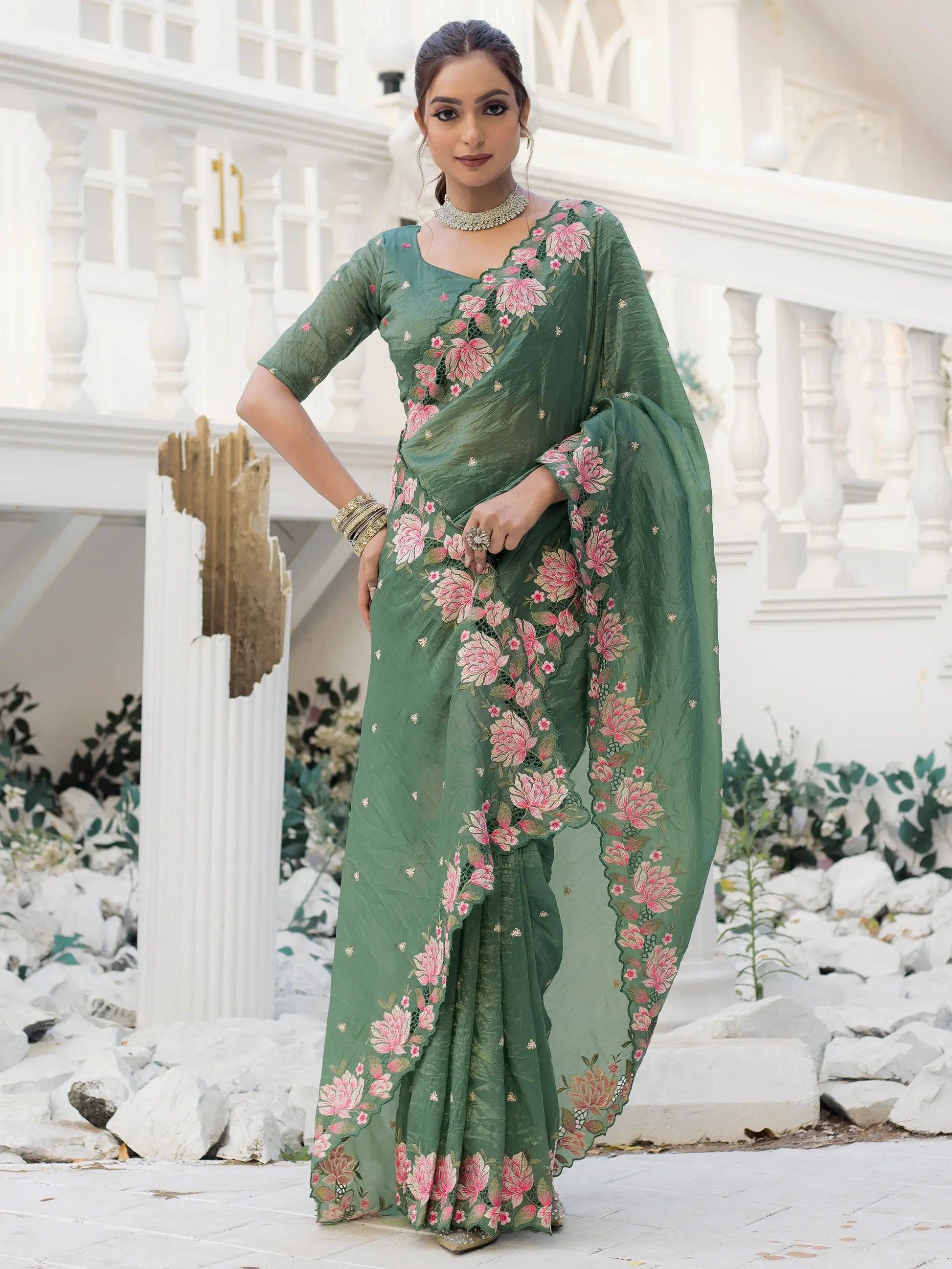 Mesmerizing Green Embroidered Silk Festive Wear Saree - Zeel Clothing