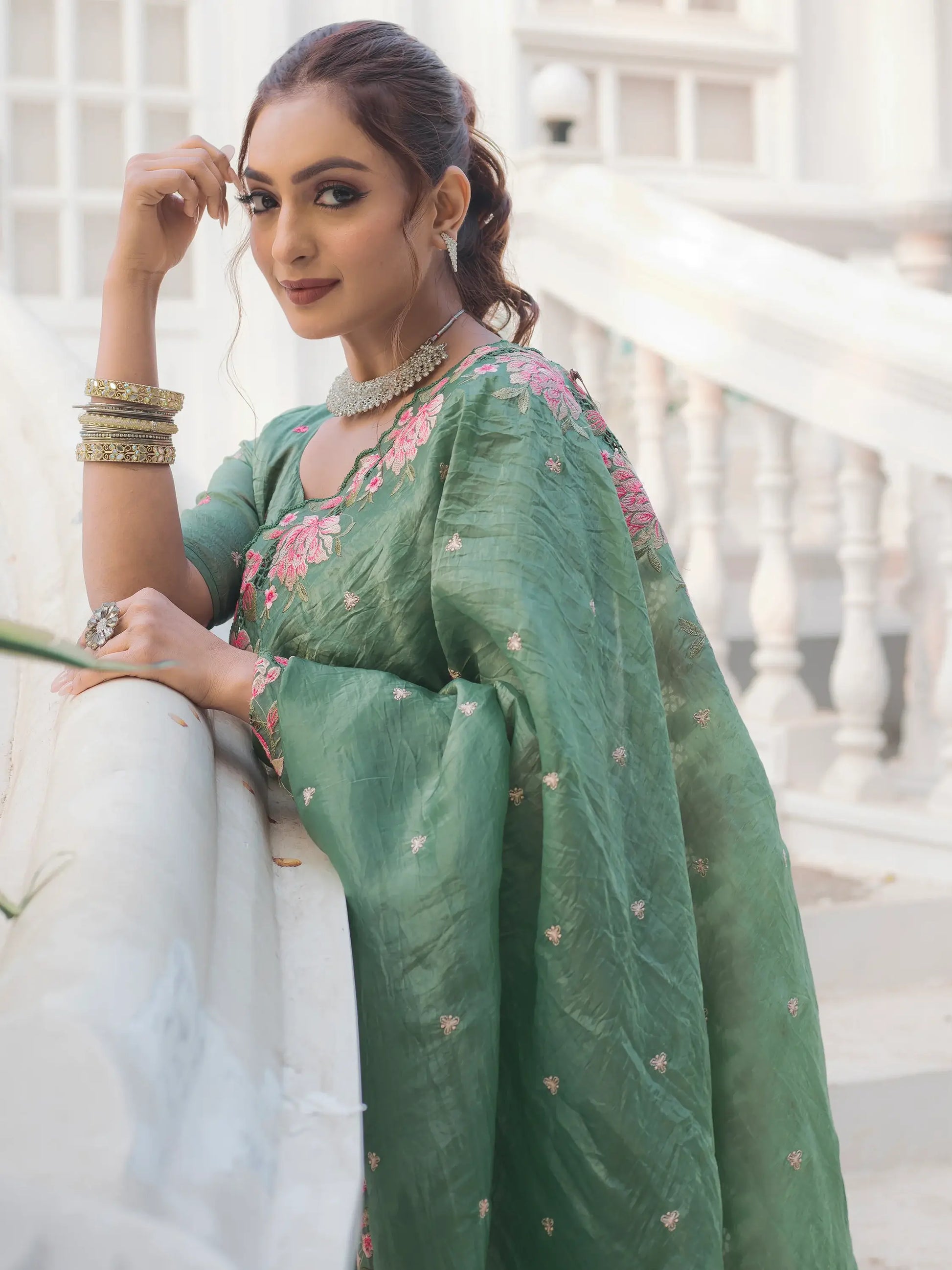 Mesmerizing Green Embroidered Silk Festive Wear Saree - Zeel Clothing