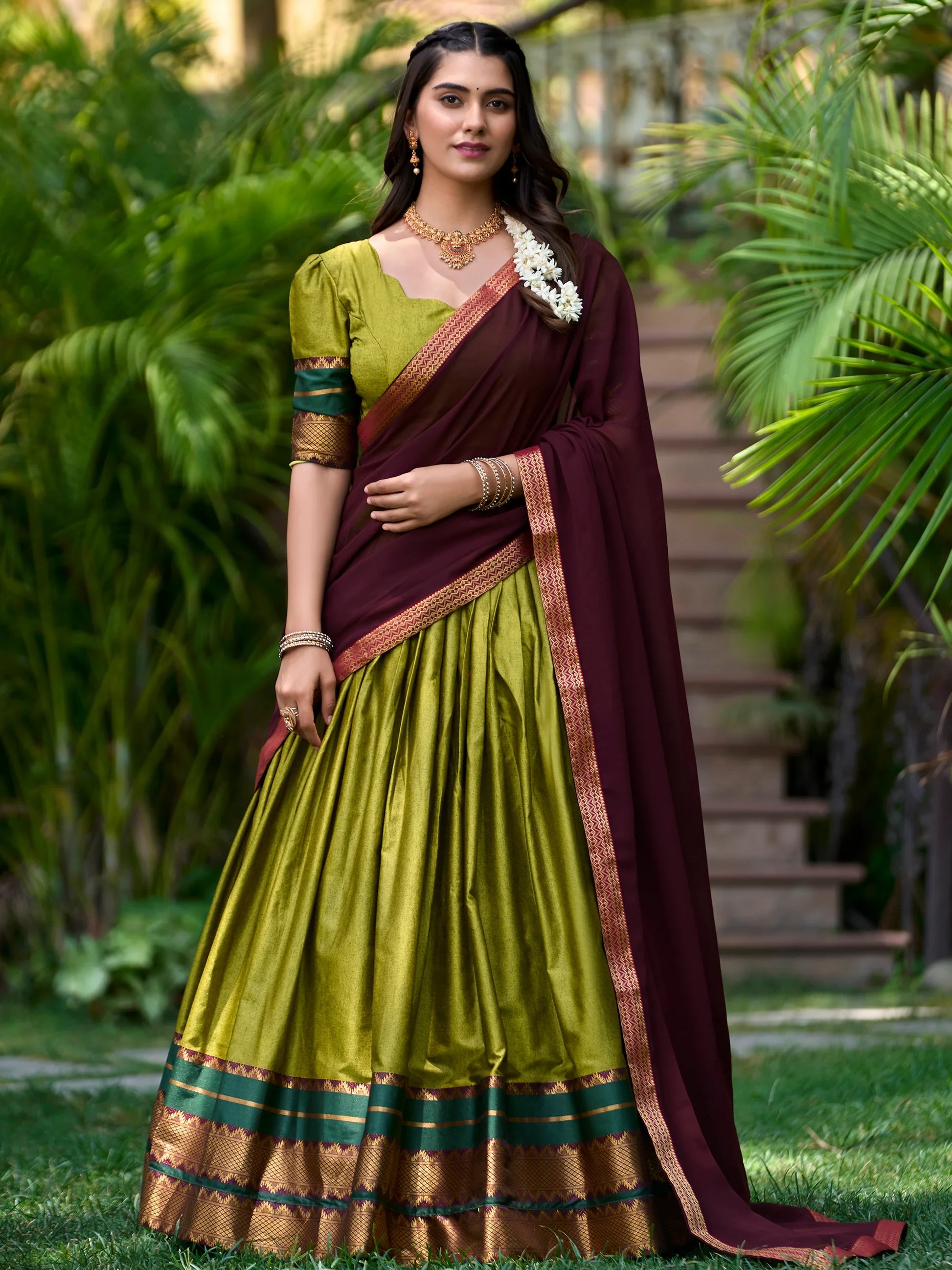 Mesmerizing Green Zari Weaving Cotton Half Saree Lehenga - Zeel Clothing