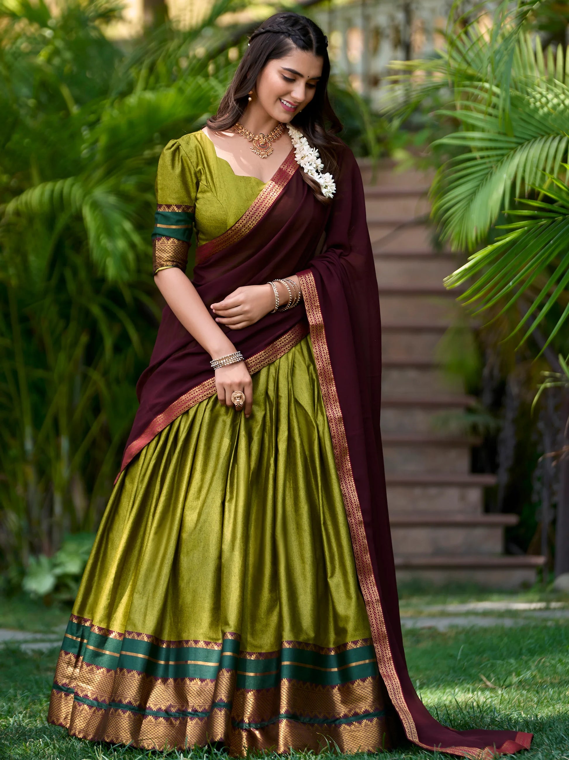 Mesmerizing Green Zari Weaving Cotton Half Saree Lehenga - Zeel Clothing