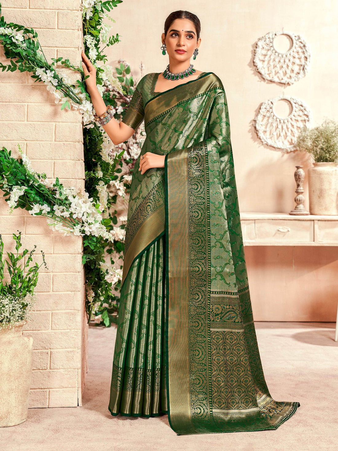 Mesmerizing Green Zari Weaving Silk Mehendi Wear Saree With Blouse - Zeel Clothing