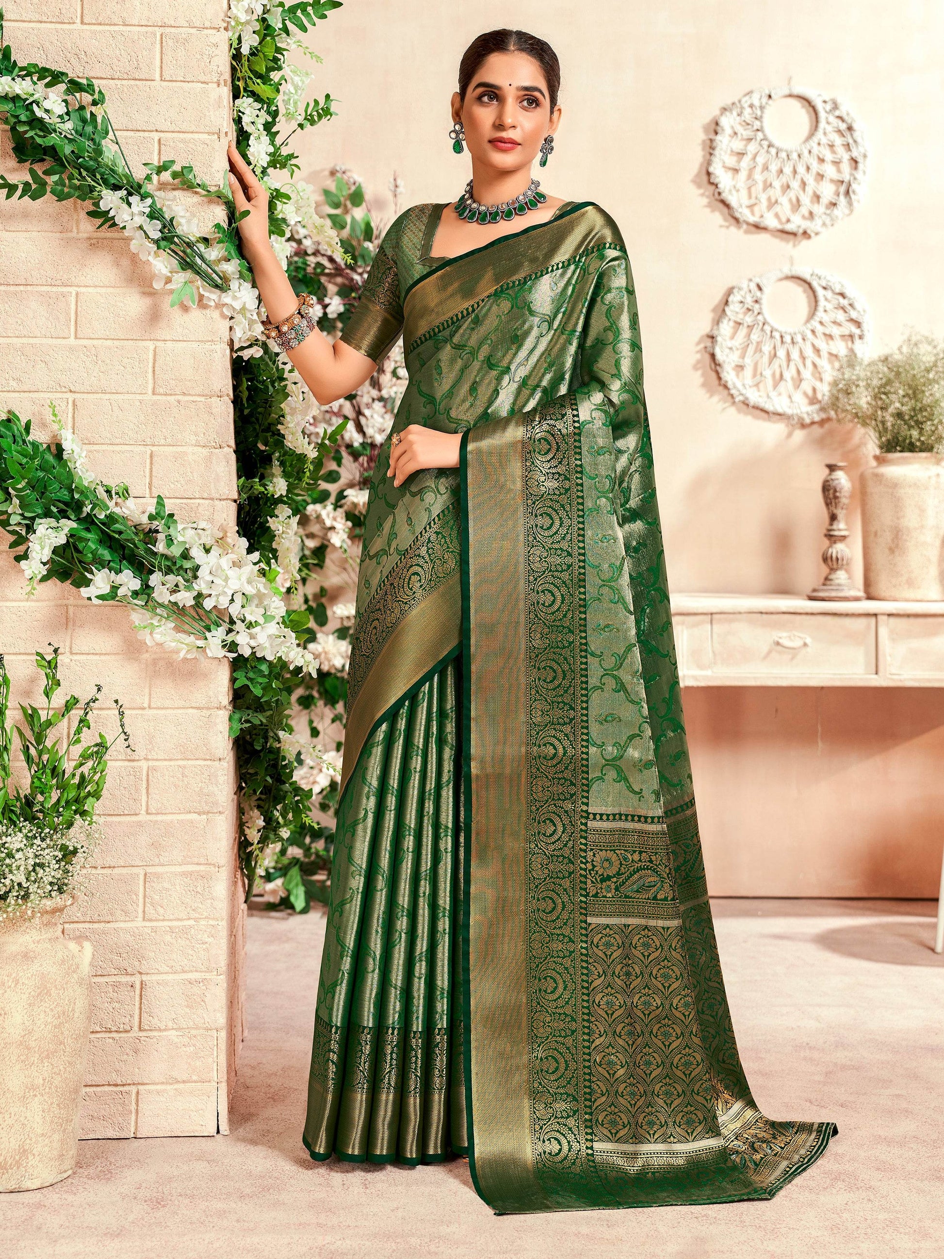 Mesmerizing Green Zari Weaving Silk Mehendi Wear Saree With Blouse - Zeel Clothing