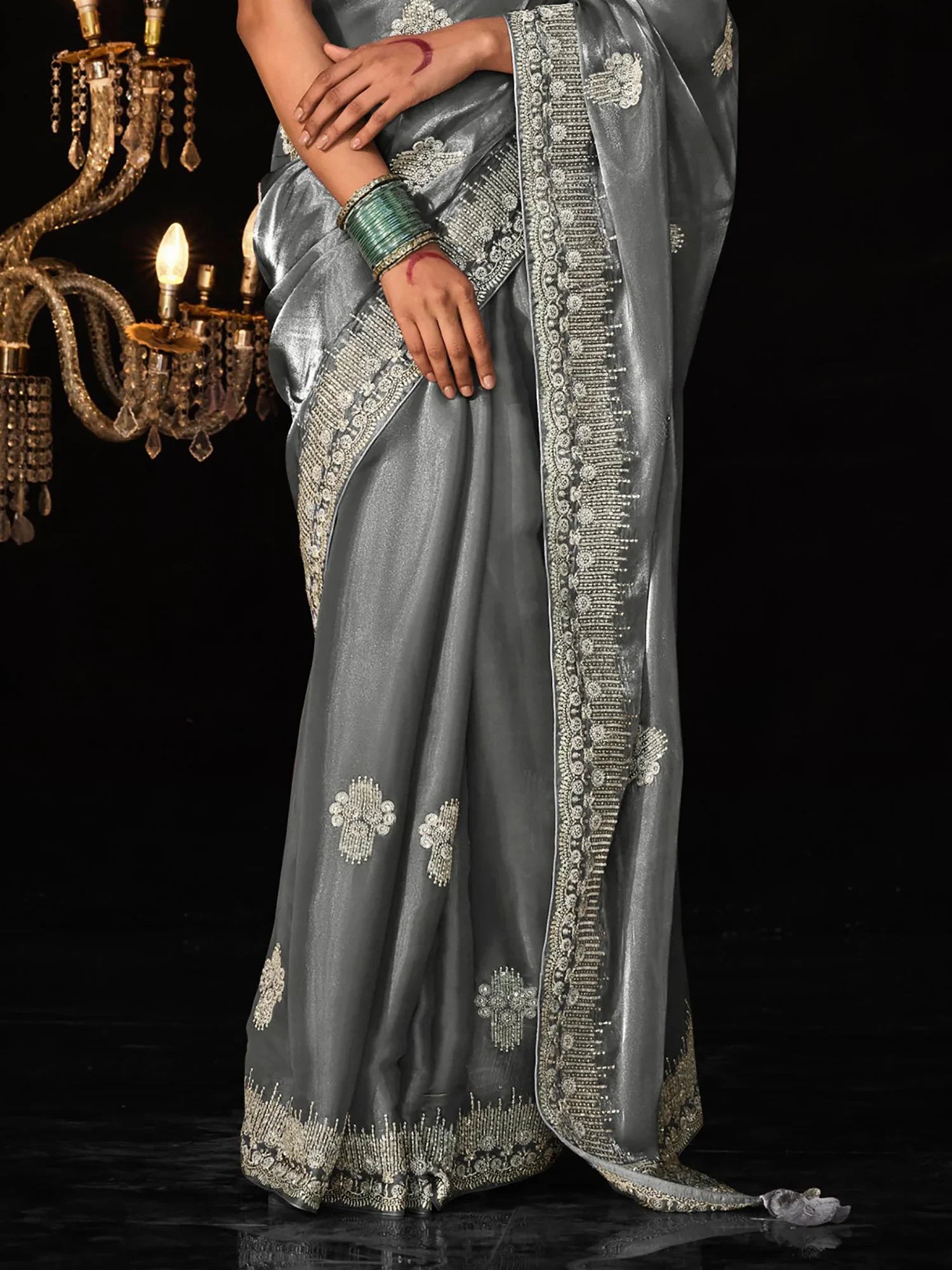 Mesmerizing Grey Embroidered Tissue Silk Saree With Blouse - Zeel Clothing