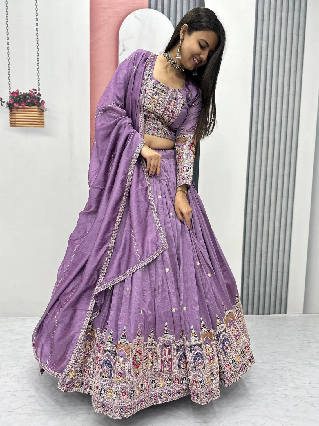 Mesmerizing Lavender Thread Work Vichitra Silk Wedding Wear Lehenga Choli - Zeel Clothing