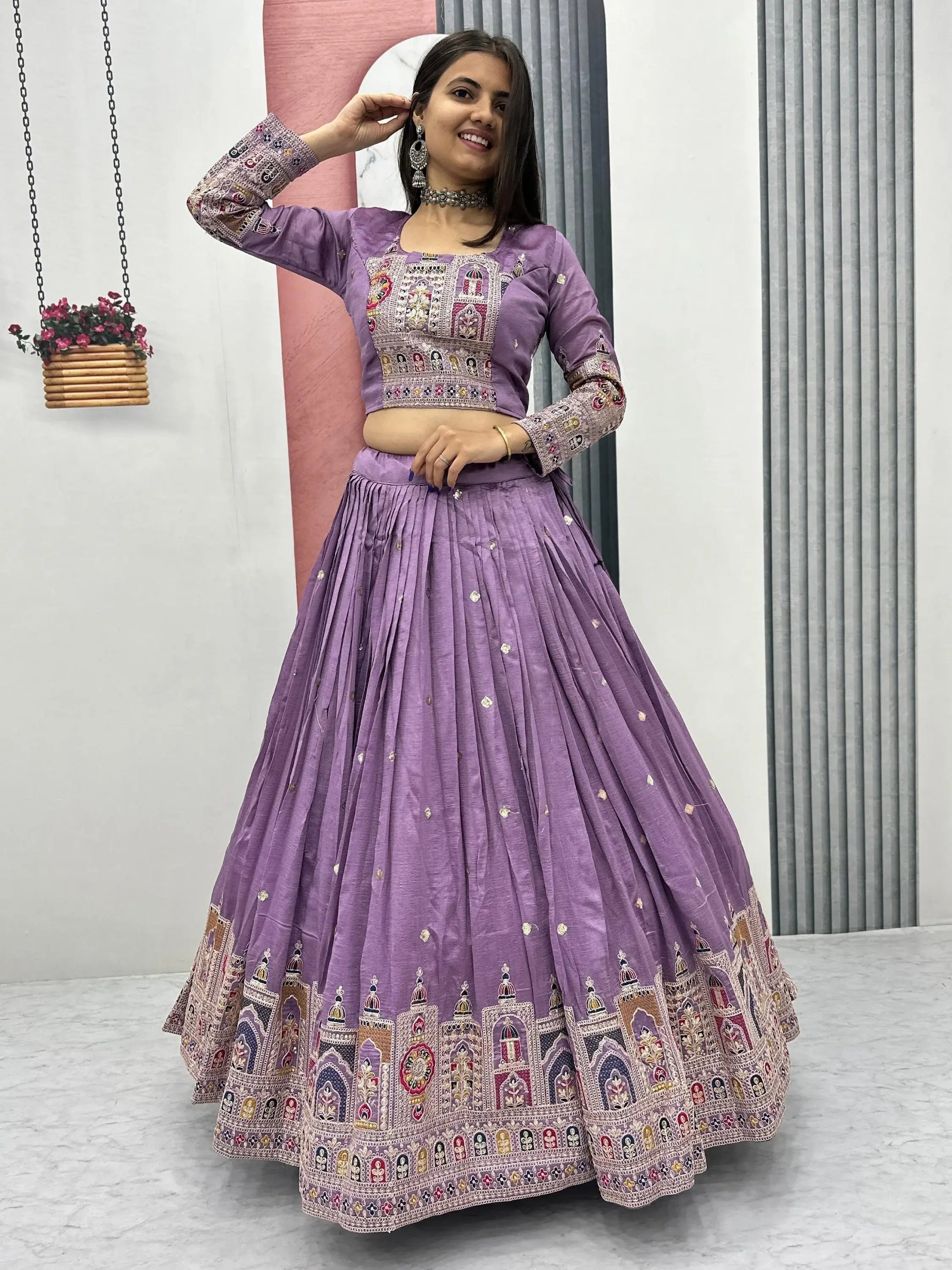 Mesmerizing Lavender Thread Work Vichitra Silk Wedding Wear Lehenga Choli - Zeel Clothing