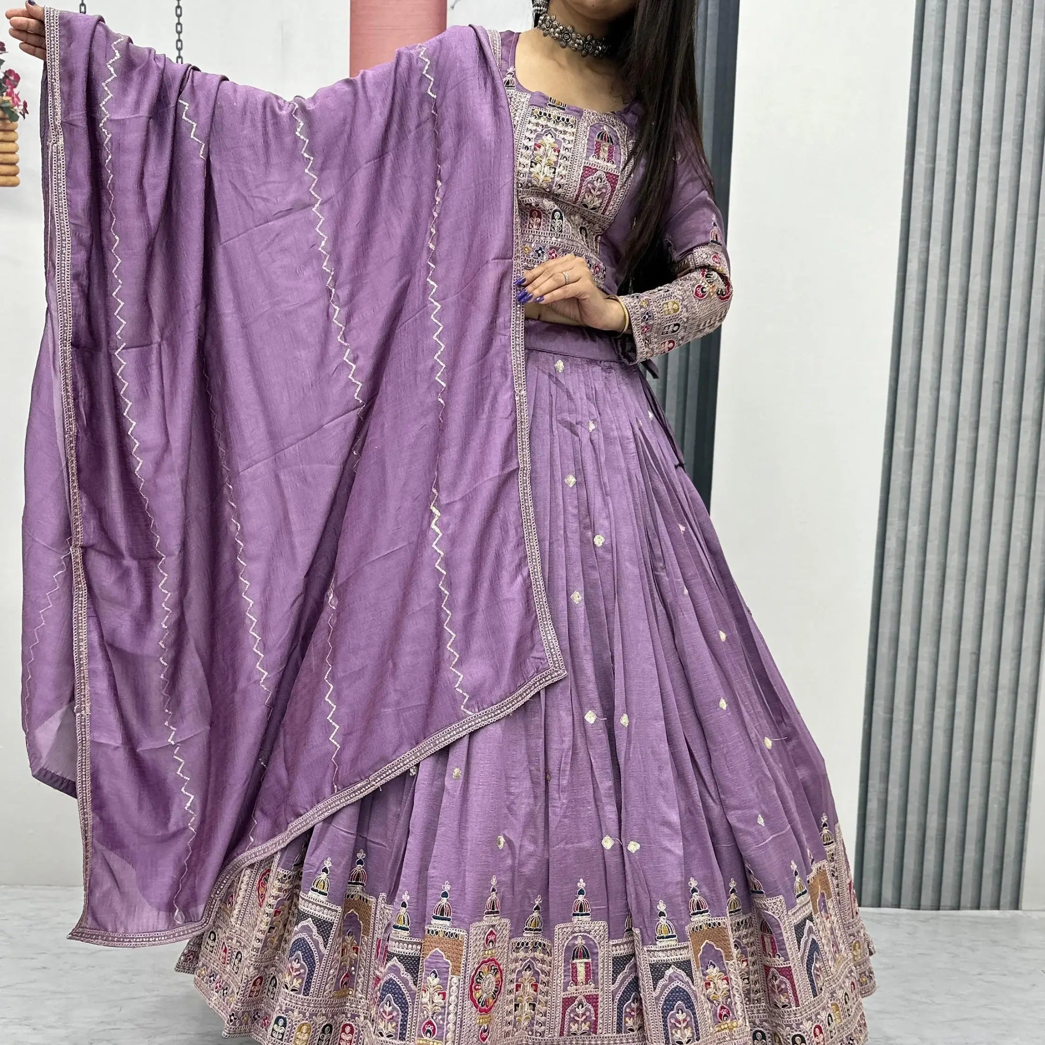 Mesmerizing Lavender Thread Work Vichitra Silk Wedding Wear Lehenga Choli - Zeel Clothing