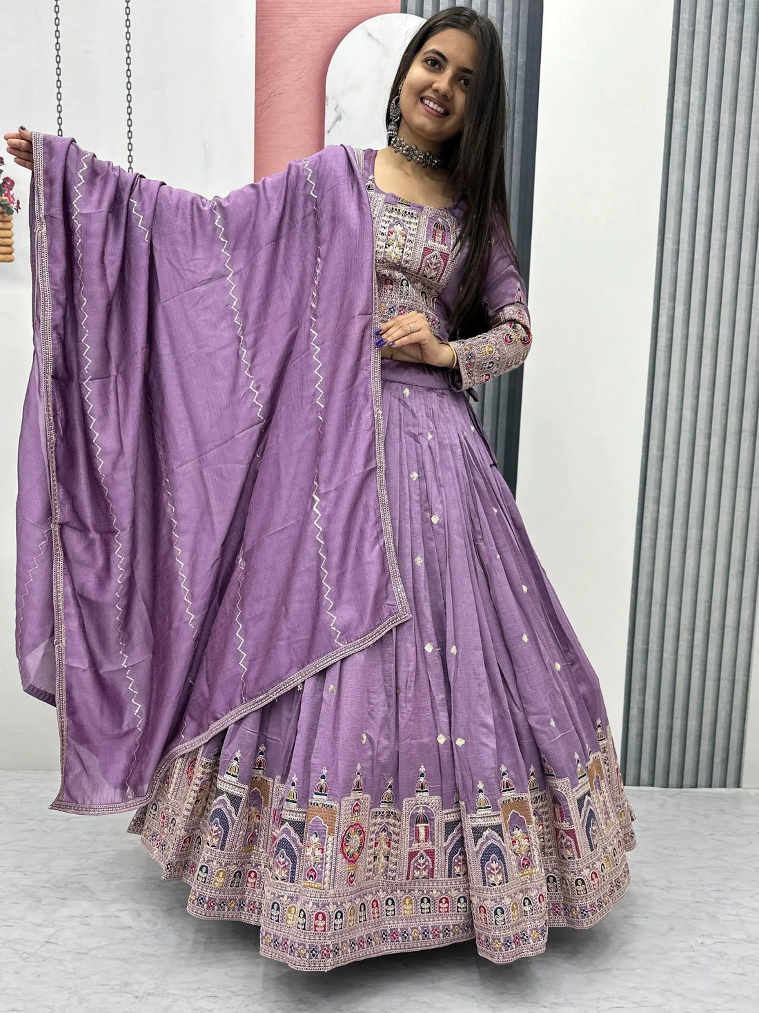 Mesmerizing Lavender Thread Work Vichitra Silk Wedding Wear Lehenga Choli - Zeel Clothing