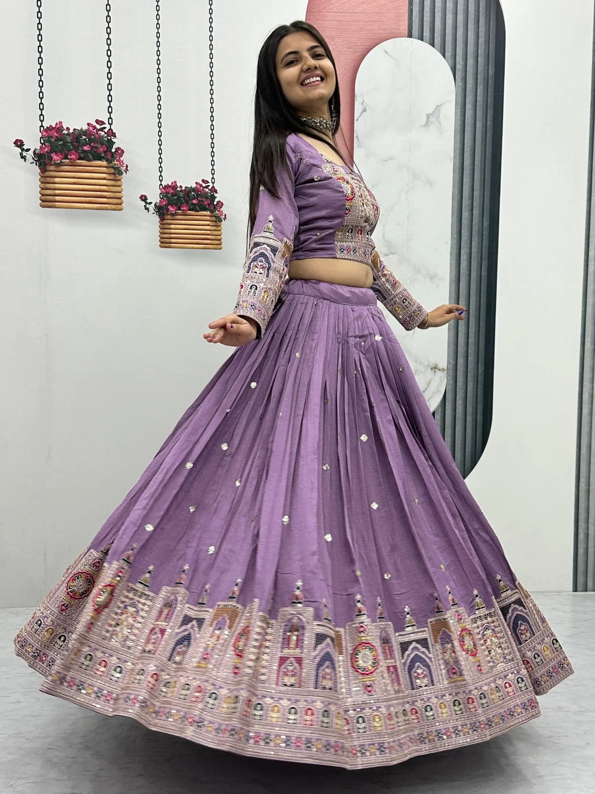 Mesmerizing Lavender Thread Work Vichitra Silk Wedding Wear Lehenga Choli - Zeel Clothing