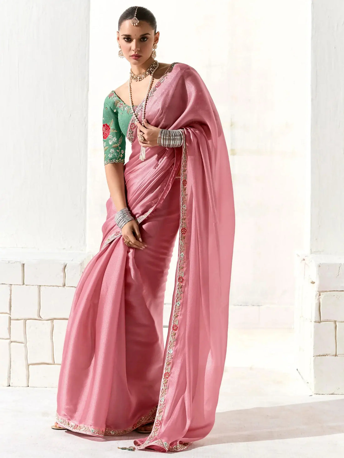 Mesmerizing Light Pink Border Work Tissue Silk Event Wear Saree - Zeel Clothing