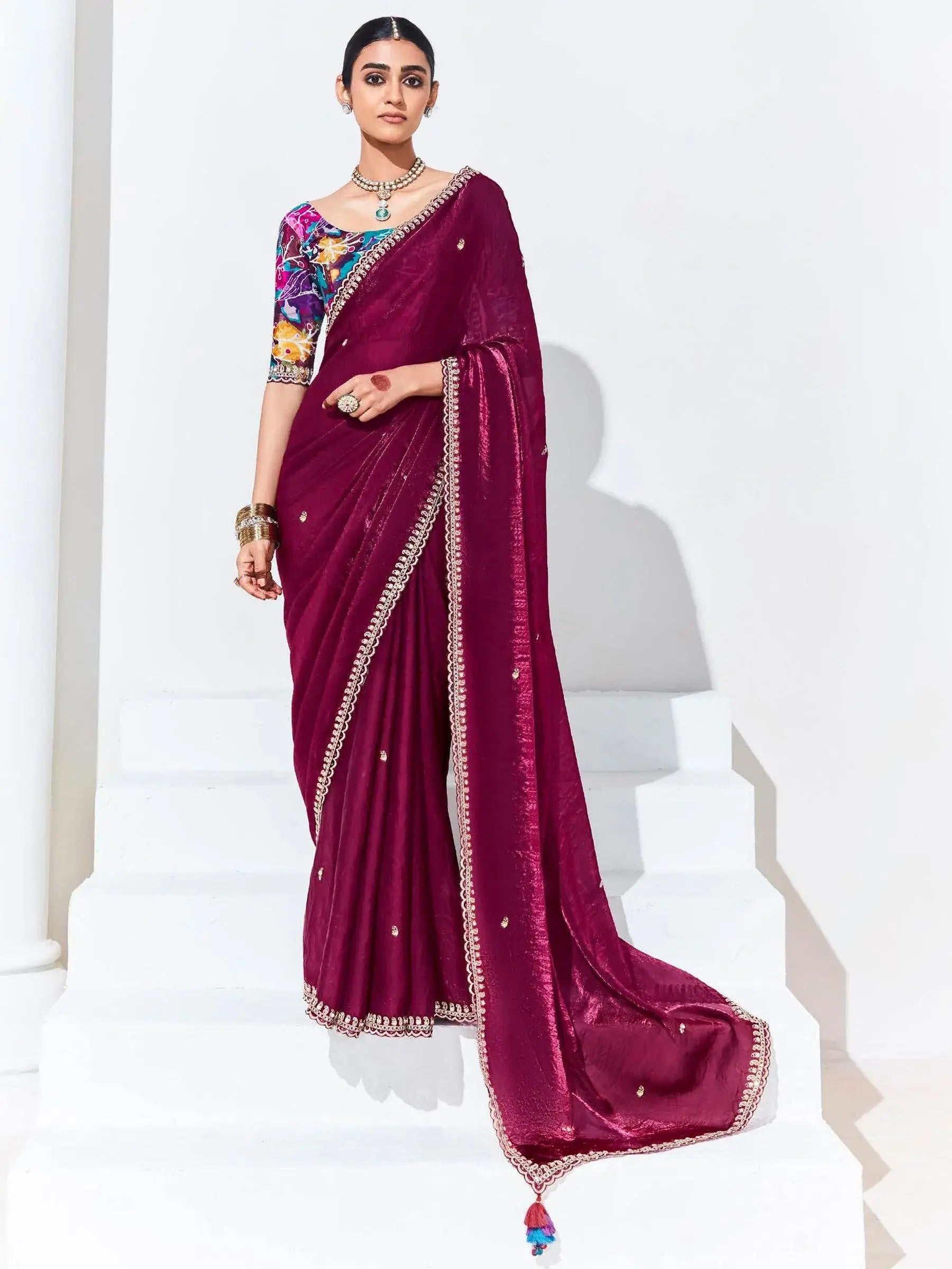 Mesmerizing Maroon Embroidered Organza Wedding Wear Saree - Zeel Clothing