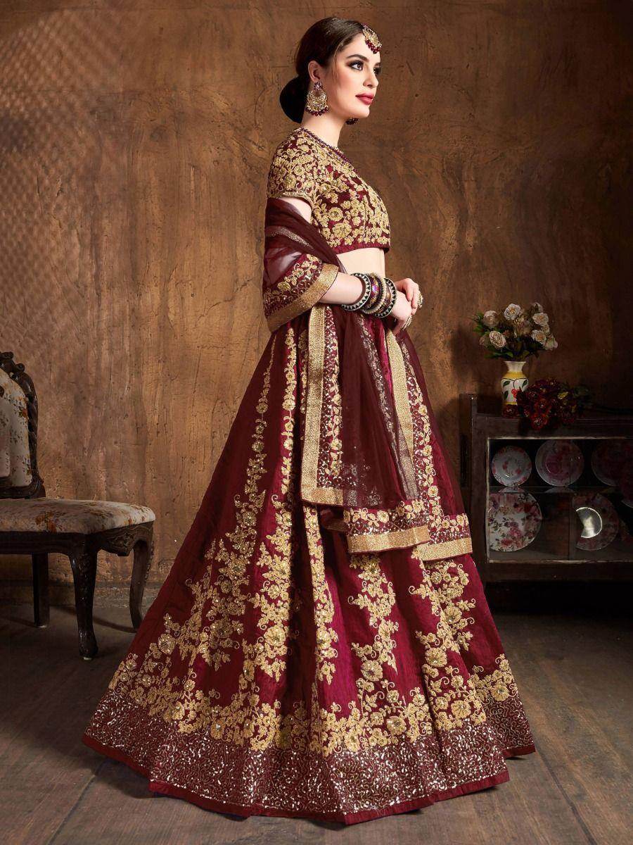 Mesmerizing Maroon Embroidered Raw Silk Lehenga Choli With Dupatta - Zeel Clothing