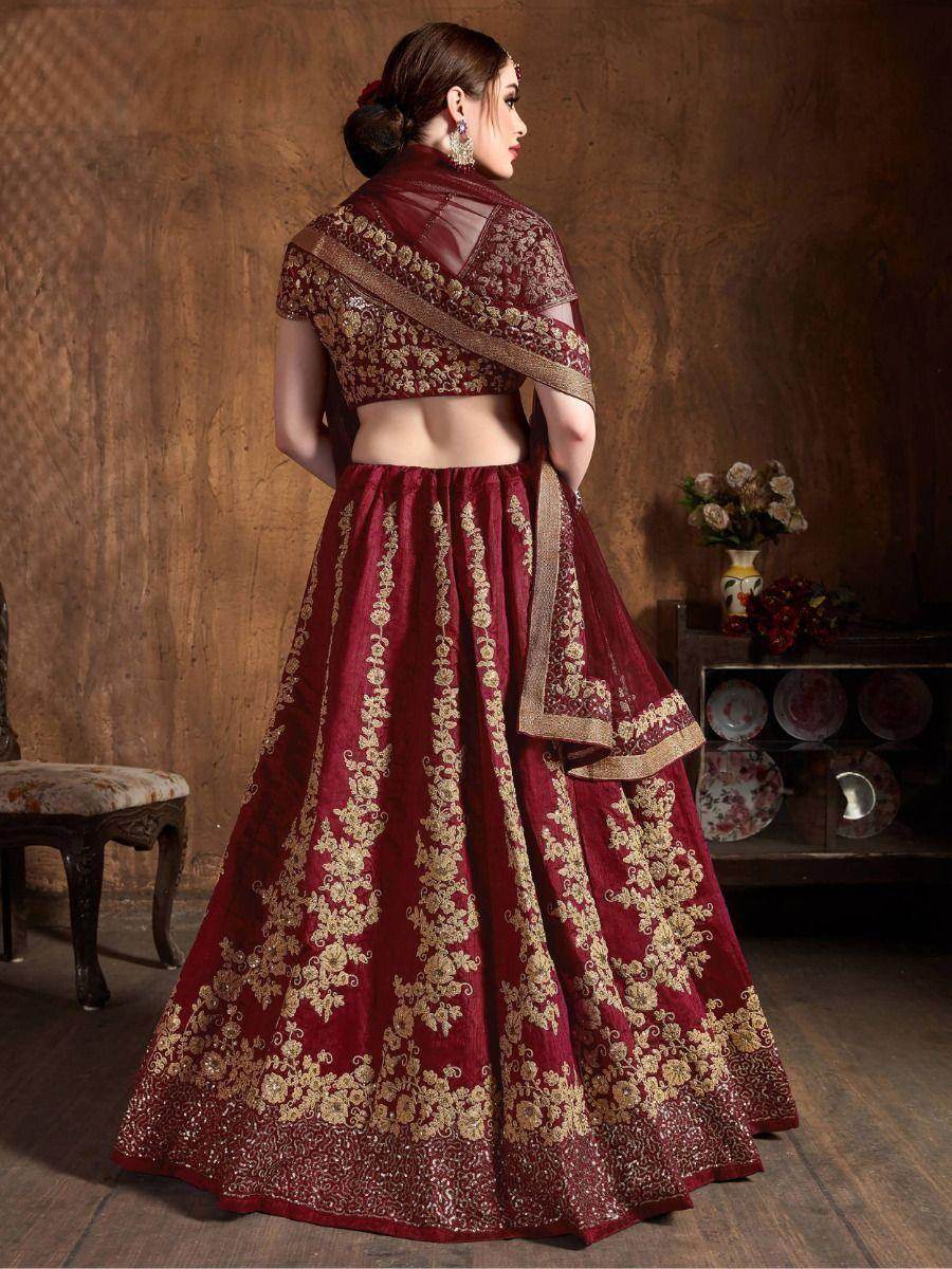Mesmerizing Maroon Embroidered Raw Silk Lehenga Choli With Dupatta - Zeel Clothing