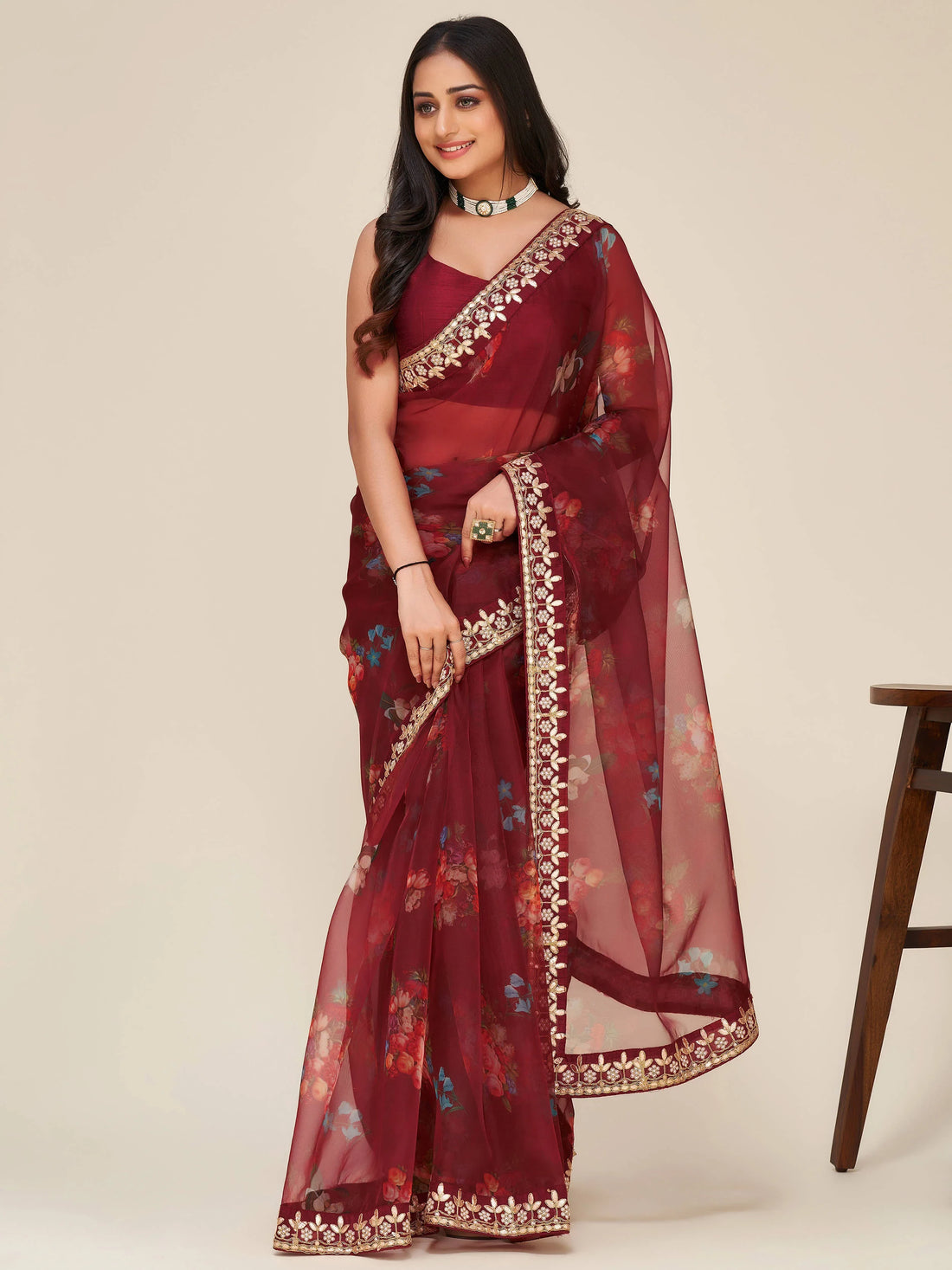 Mesmerizing Maroon Floral Print Work Organza Party Wear Saree - Zeel Clothing