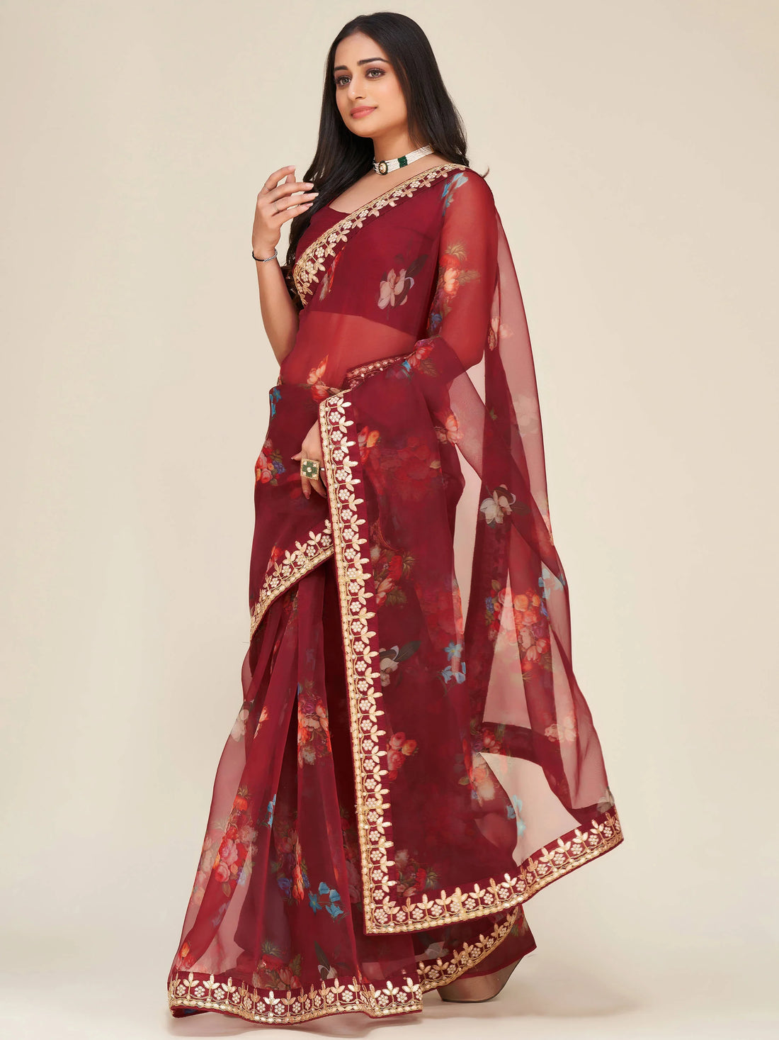 Mesmerizing Maroon Floral Print Work Organza Party Wear Saree - Zeel Clothing