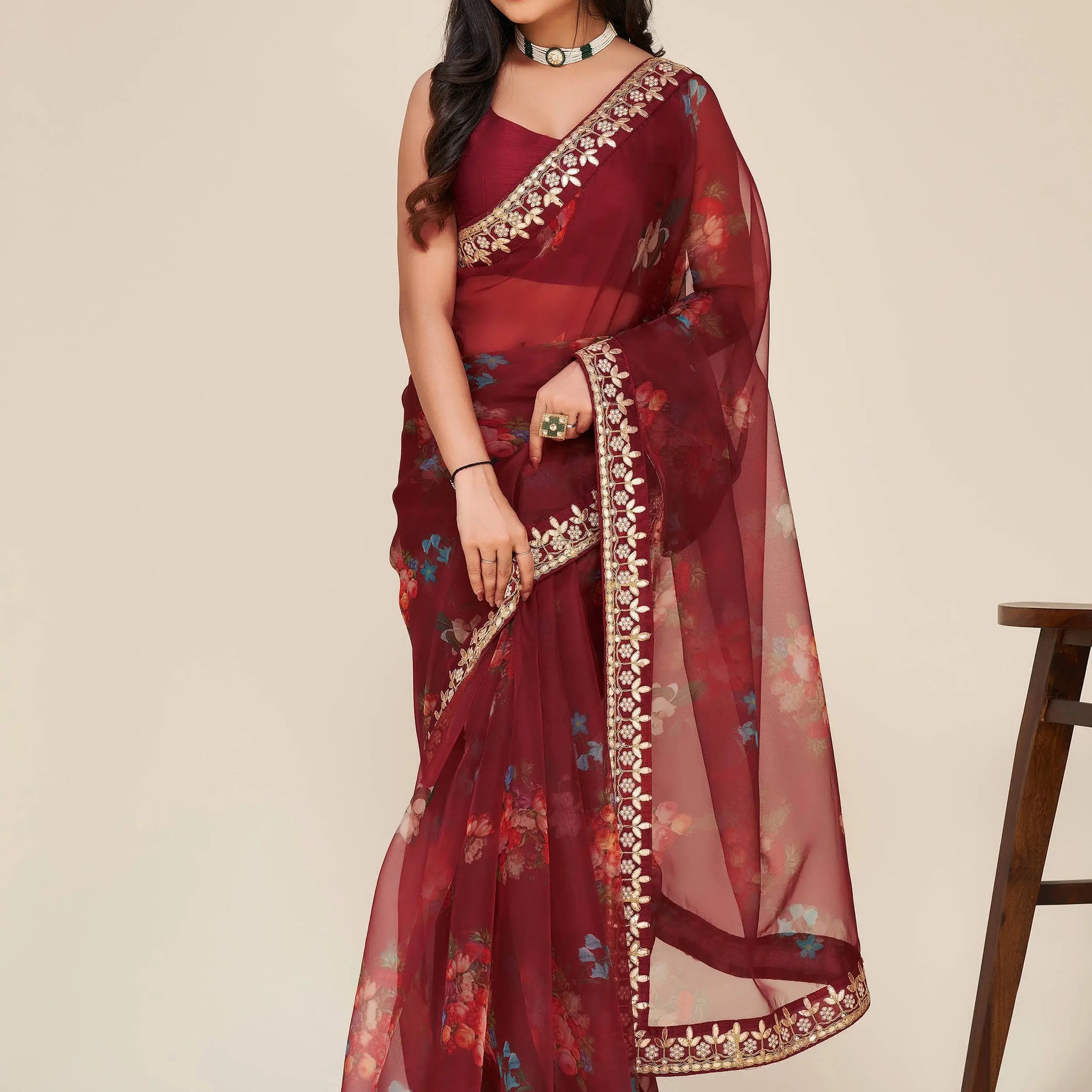 Mesmerizing Maroon Floral Print Work Organza Party Wear Saree - Zeel Clothing