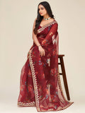Mesmerizing Maroon Floral Print Work Organza Party Wear Saree - Zeel Clothing