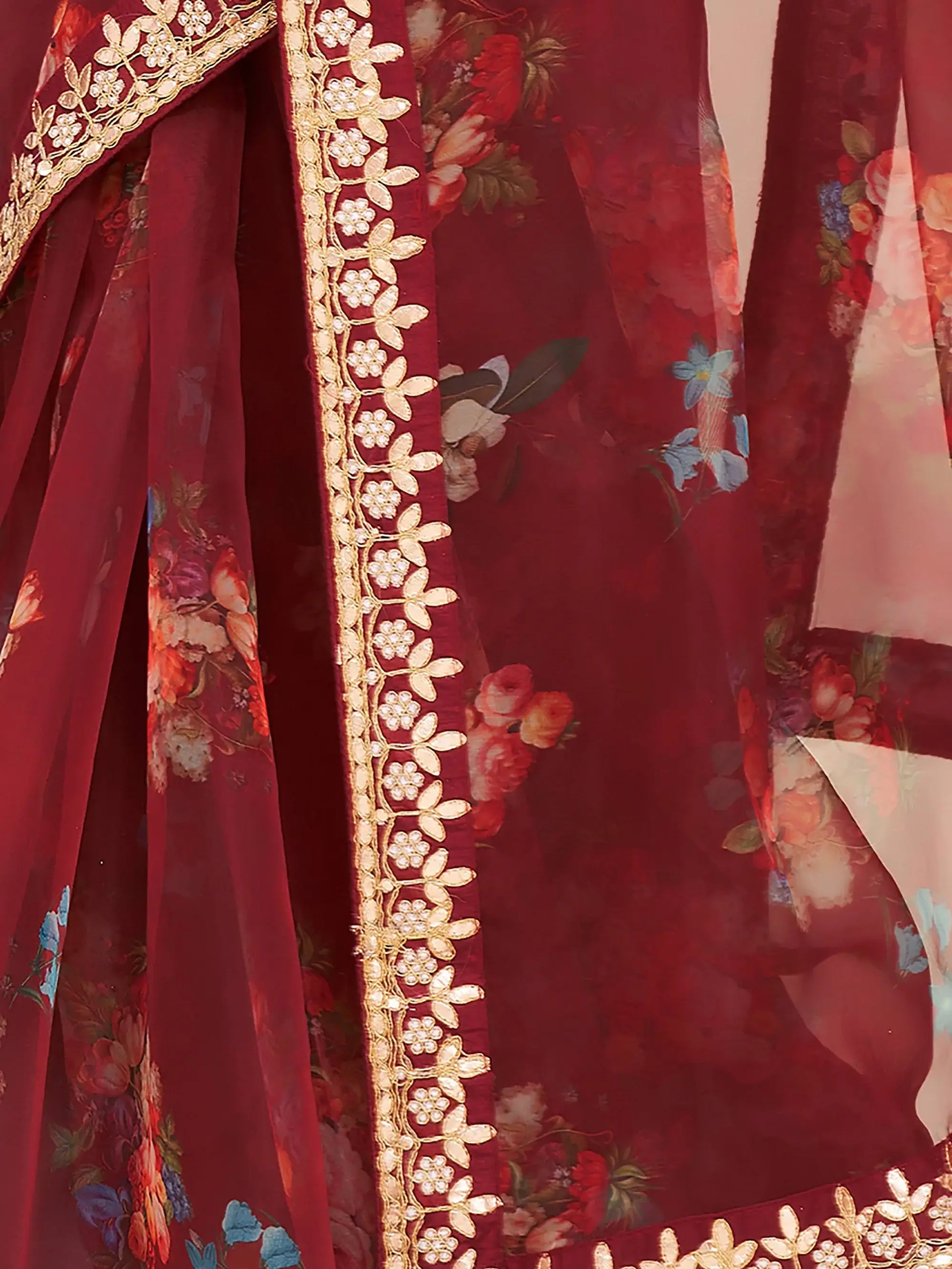 Mesmerizing Maroon Floral Print Work Organza Party Wear Saree - Zeel Clothing