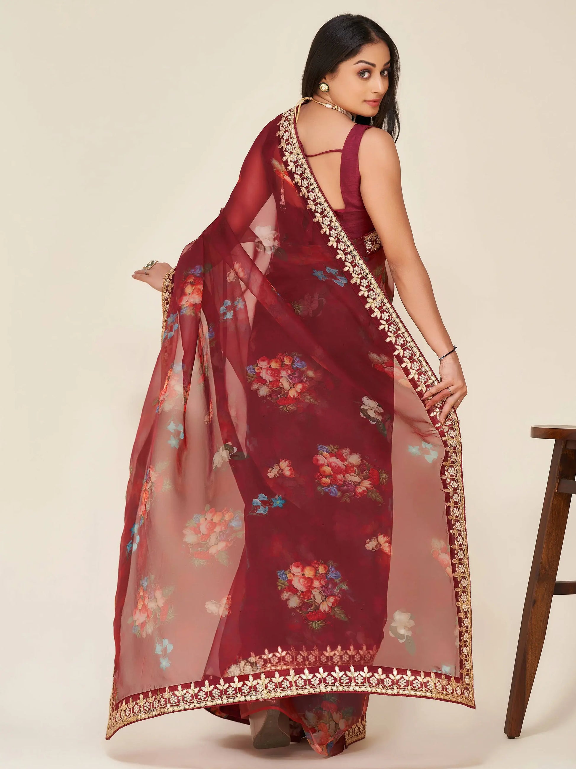 Mesmerizing Maroon Floral Print Work Organza Party Wear Saree - Zeel Clothing