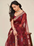 Mesmerizing Maroon Floral Print Work Organza Party Wear Saree - Zeel Clothing