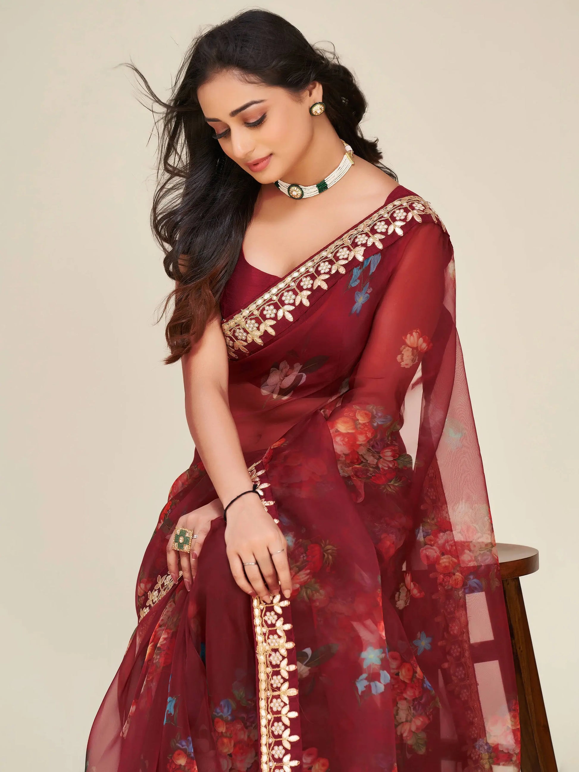 Mesmerizing Maroon Floral Print Work Organza Party Wear Saree - Zeel Clothing