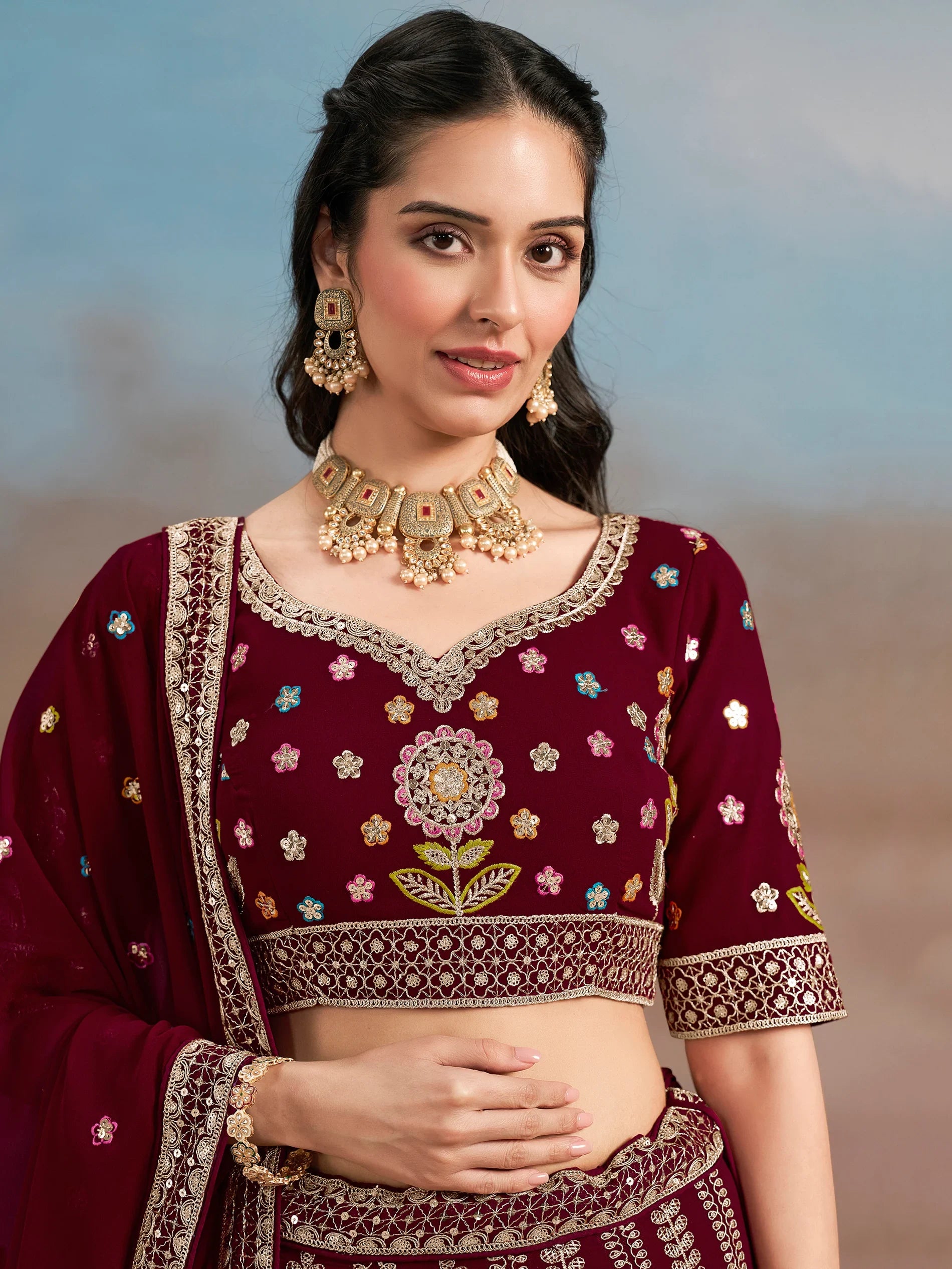 Mesmerizing Maroon Thread Work Georgette Wedding Lehenga Choli - Zeel Clothing