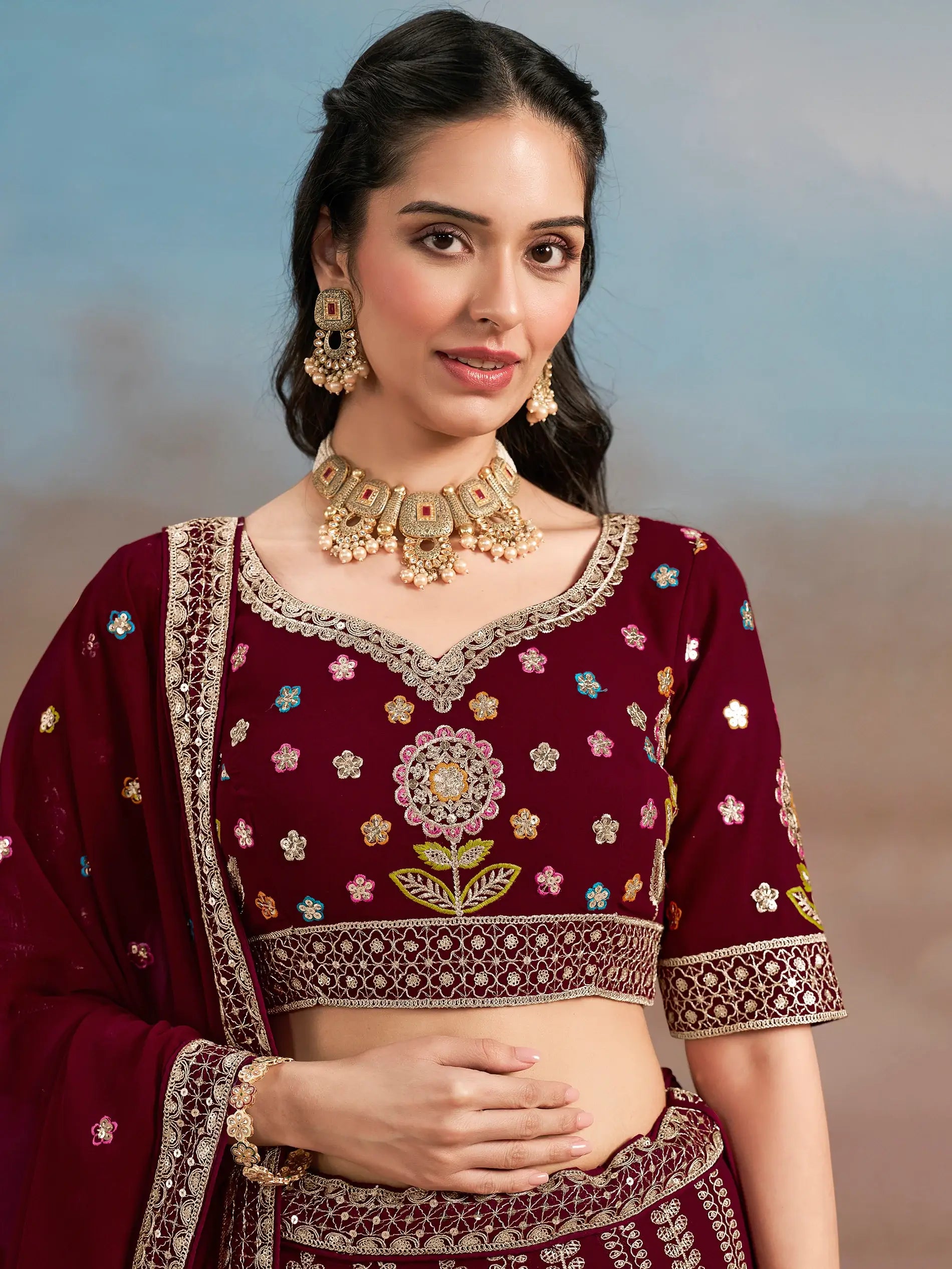 Mesmerizing Maroon Thread Work Georgette Wedding Lehenga Choli - Zeel Clothing