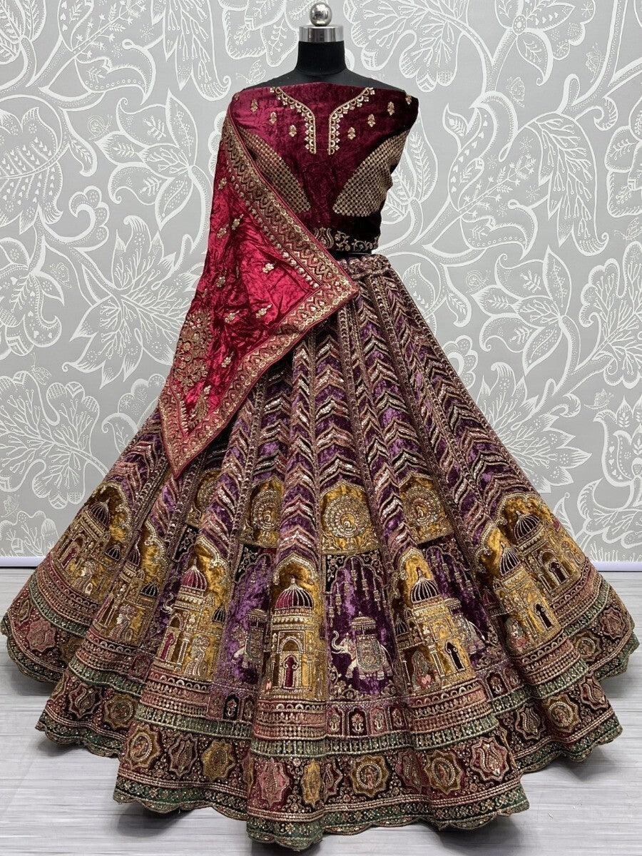 Mesmerizing Maroon Velvet Embroidered Lehenga Choli With Double Dupatta