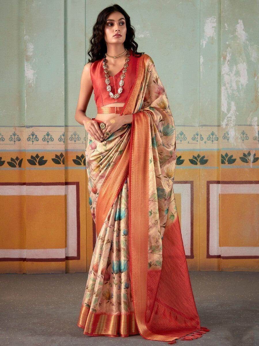 Mesmerizing Multi-Color Floral Printed Silk Events Wear Saree - Zeel Clothing