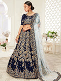 Mesmerizing Navy Blue Embroidered Velvet Bridal Wear Lehenga Choli - Zeel Clothing