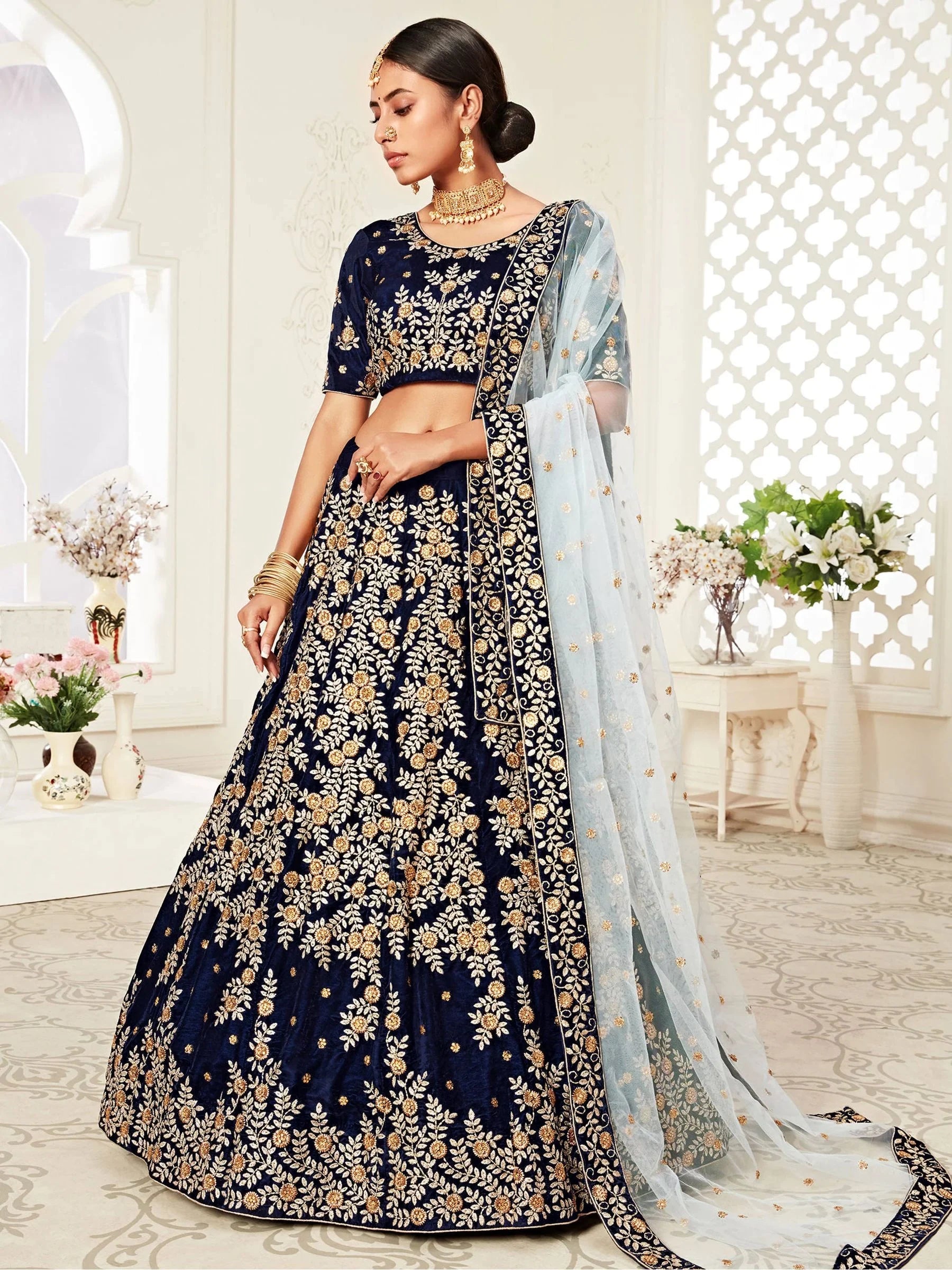 Mesmerizing Navy Blue Embroidered Velvet Bridal Wear Lehenga Choli - Zeel Clothing