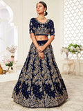 Mesmerizing Navy Blue Embroidered Velvet Bridal Wear Lehenga Choli - Zeel Clothing