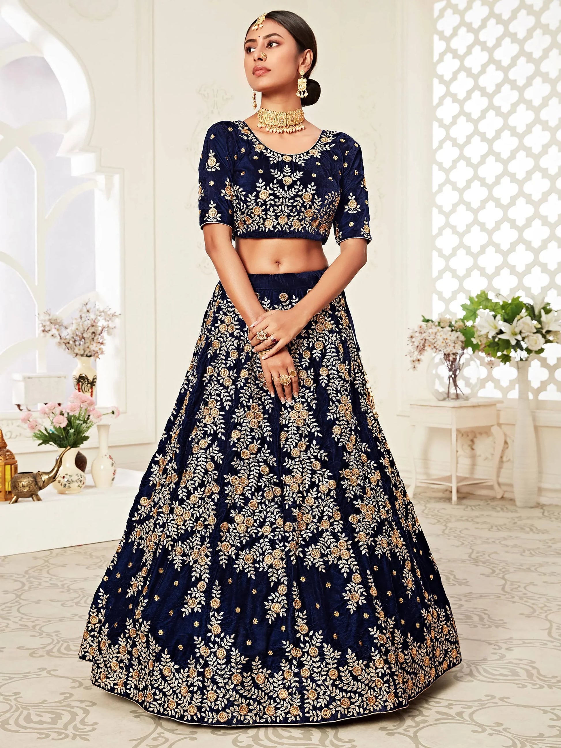Mesmerizing Navy Blue Embroidered Velvet Bridal Wear Lehenga Choli - Zeel Clothing