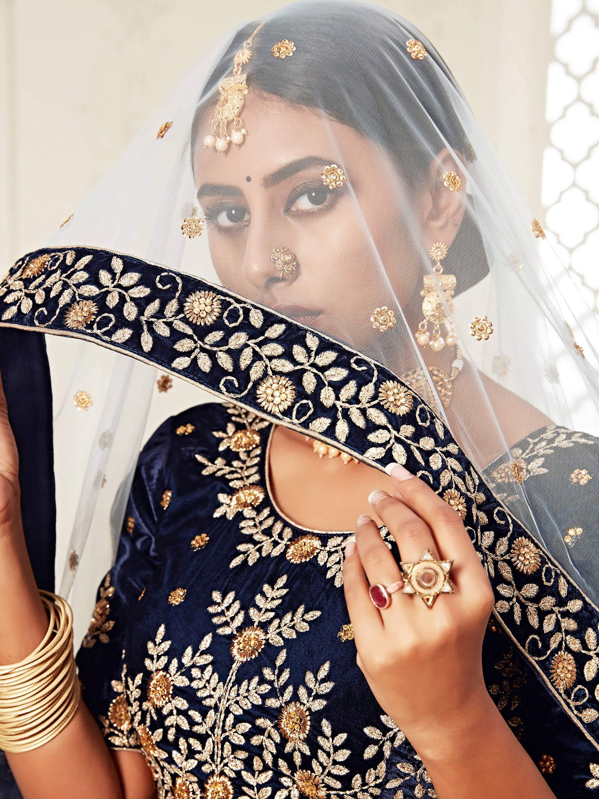 Mesmerizing Navy Blue Embroidered Velvet Bridal Wear Lehenga Choli - Zeel Clothing