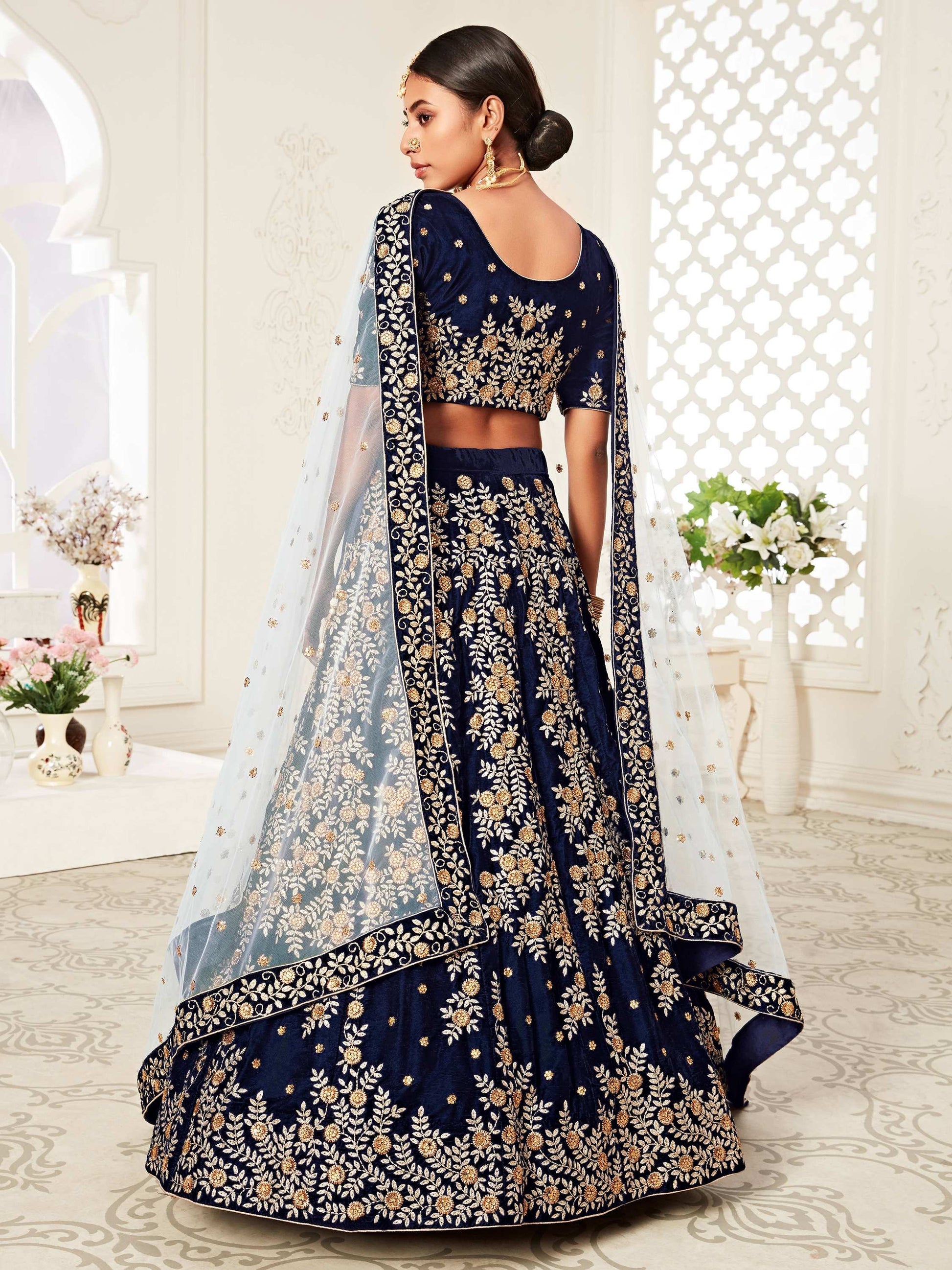 Mesmerizing Navy Blue Embroidered Velvet Bridal Wear Lehenga Choli - Zeel Clothing
