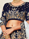 Mesmerizing Navy Blue Embroidered Velvet Bridal Wear Lehenga Choli - Zeel Clothing