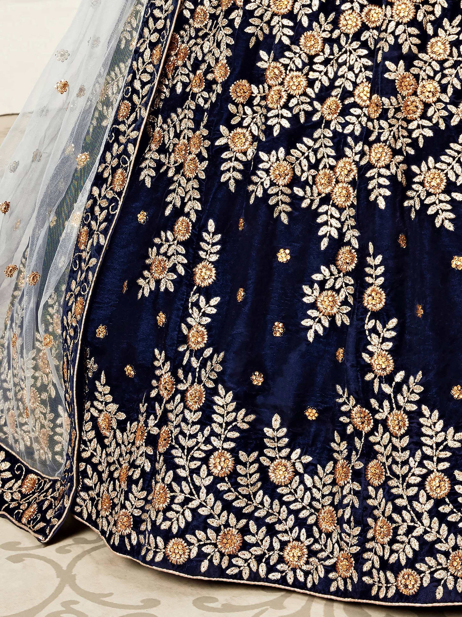 Mesmerizing Navy Blue Embroidered Velvet Bridal Wear Lehenga Choli - Zeel Clothing