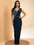 Mesmerizing Navy Blue Lycra Ready To Wear Saree With Blouse - Zeel Clothing