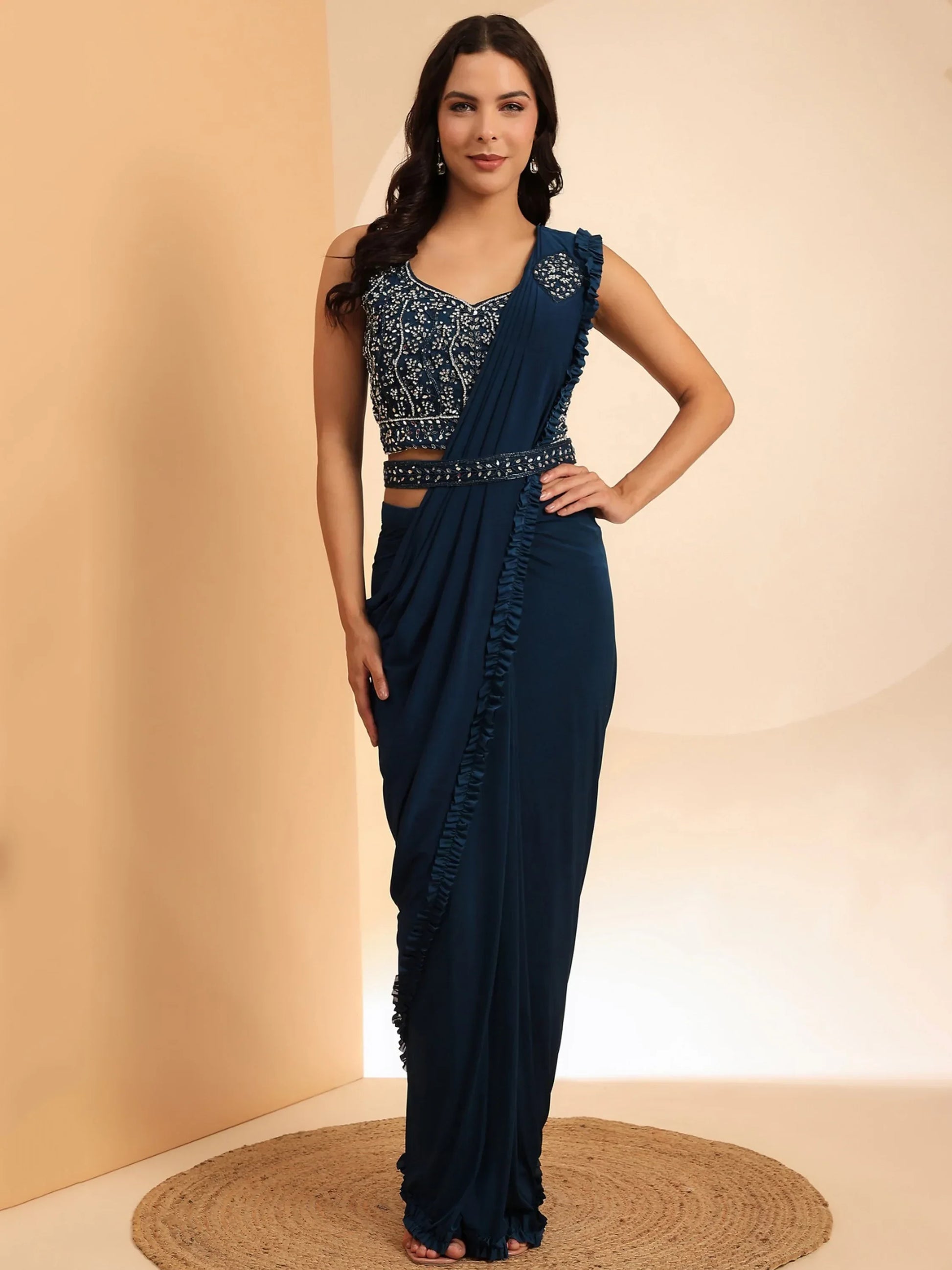 Mesmerizing Navy Blue Lycra Ready To Wear Saree With Blouse - Zeel Clothing