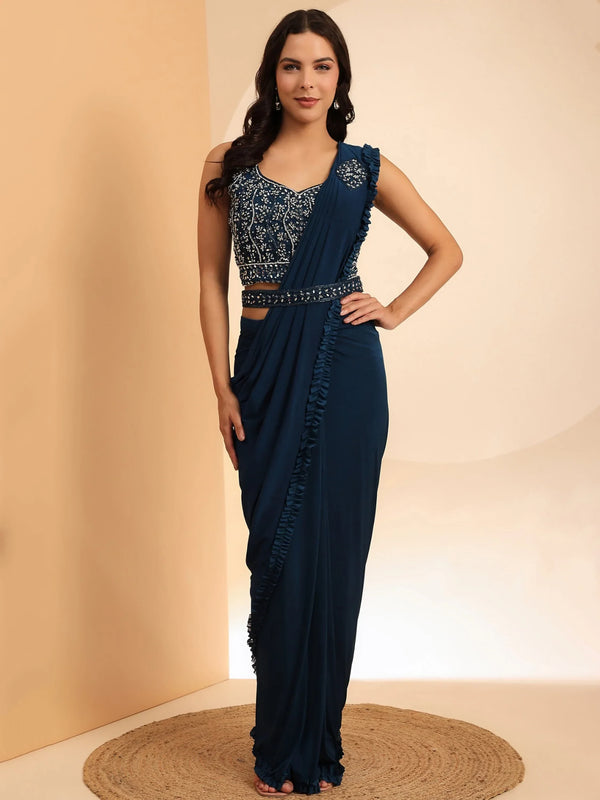 Mesmerizing Navy Blue Lycra Ready To Wear Saree With Blouse - Zeel Clothing